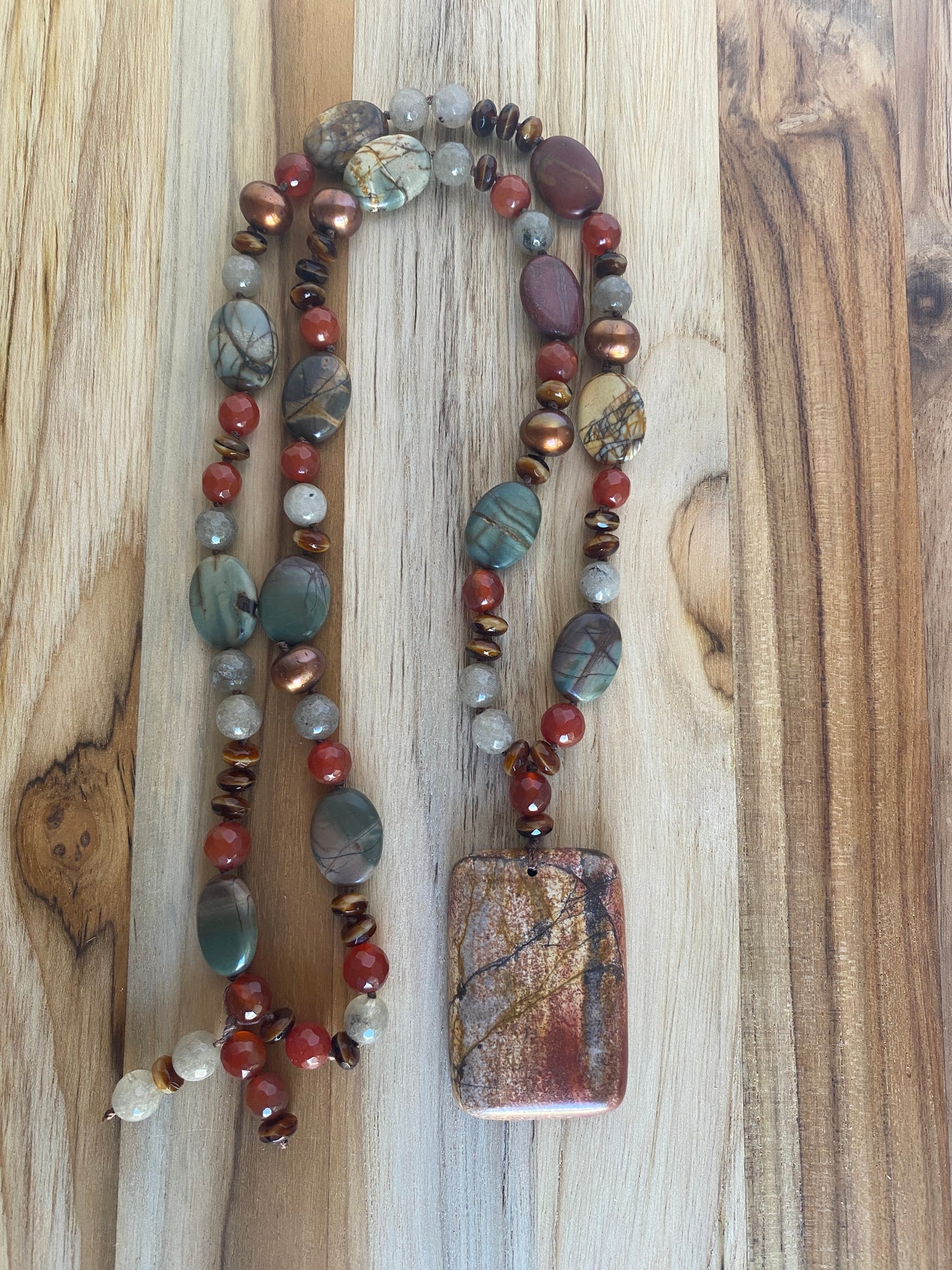 28" Long Picasso Jasper Oblong Pendant Necklace with Carnelian & Pearl Beads