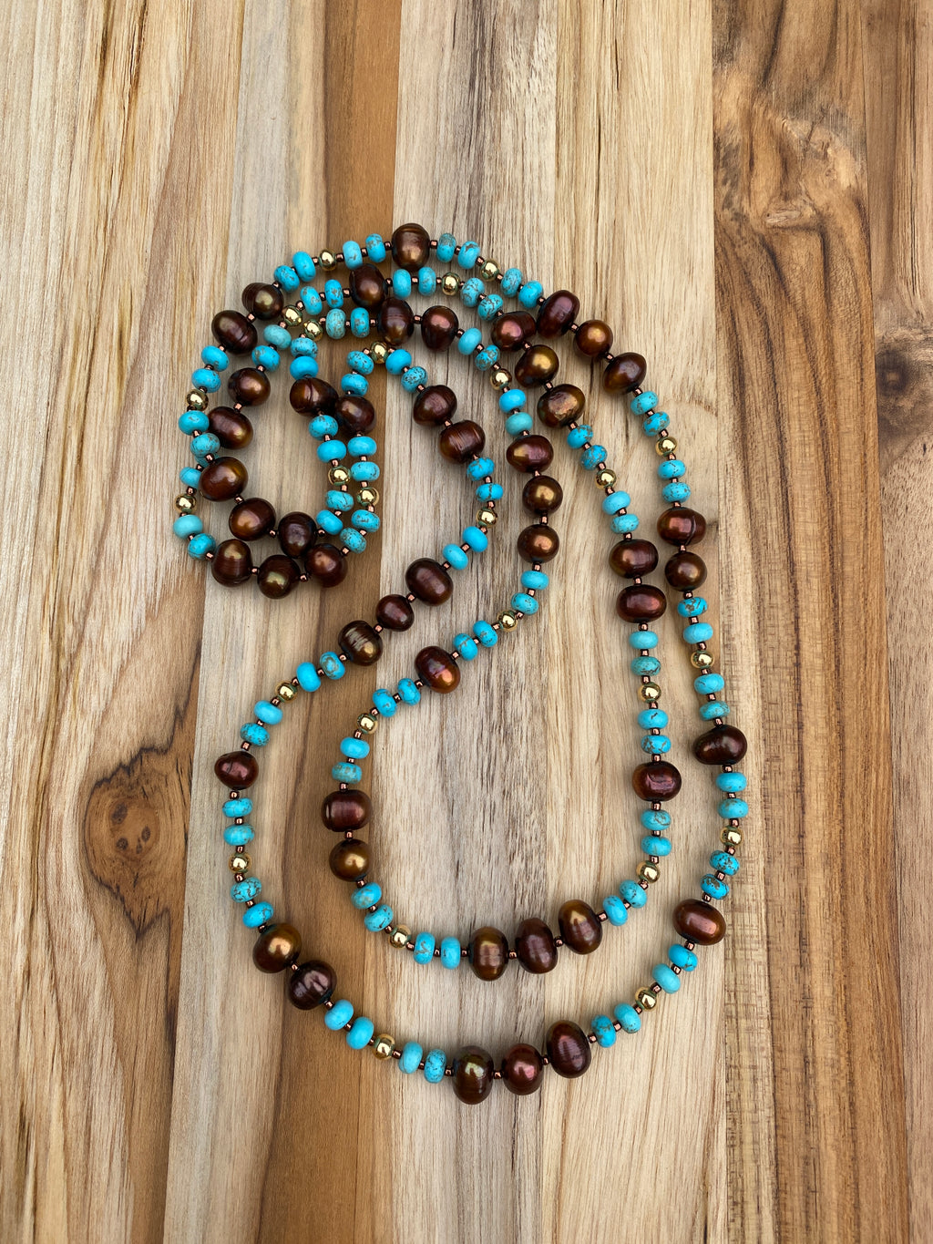 46” Long Natural Nevada Turquoise and Chocolate Pearl Necklace with Gold