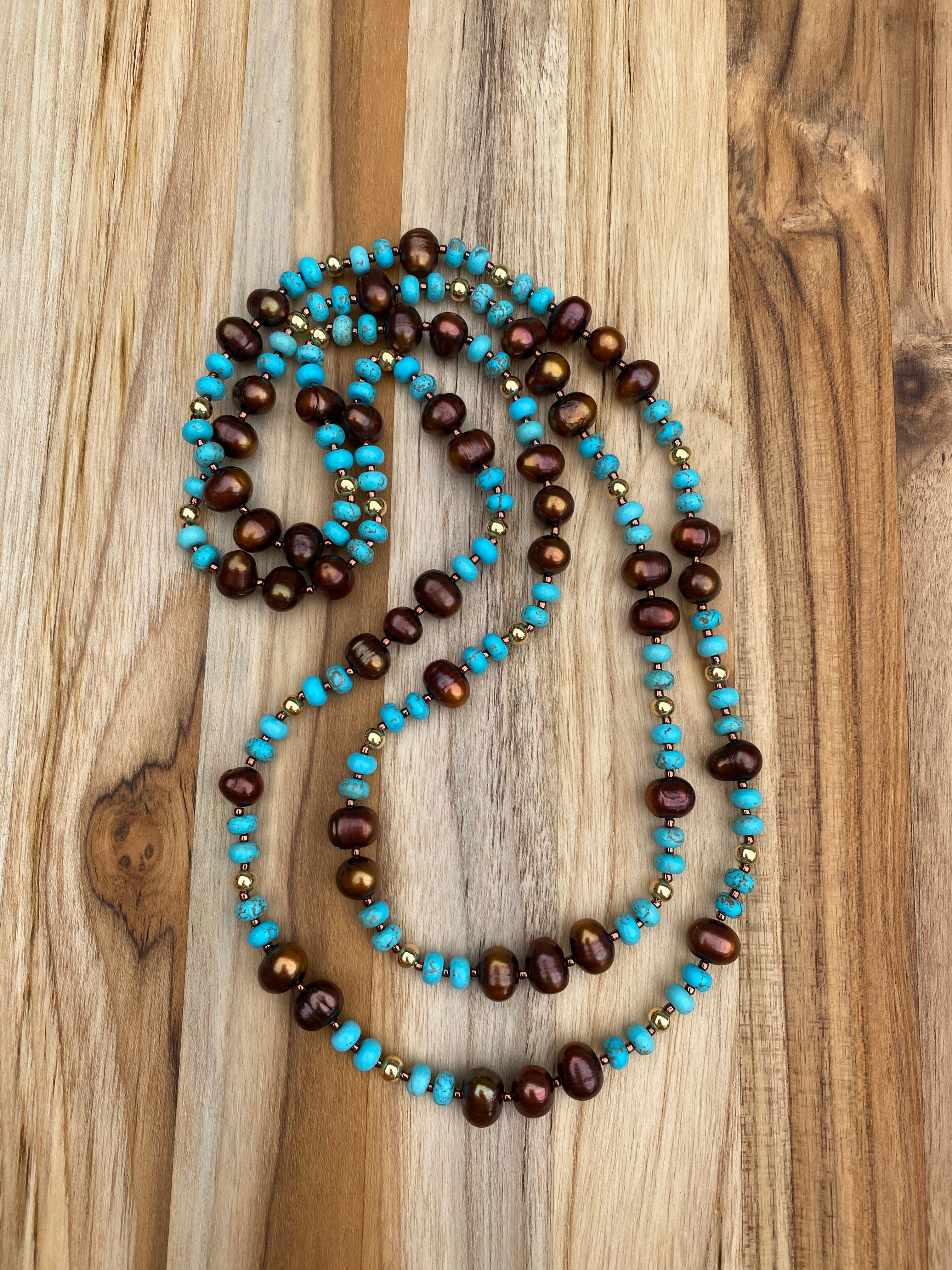 46” Long Natural Nevada Turquoise and Chocolate Pearl Necklace with Gold