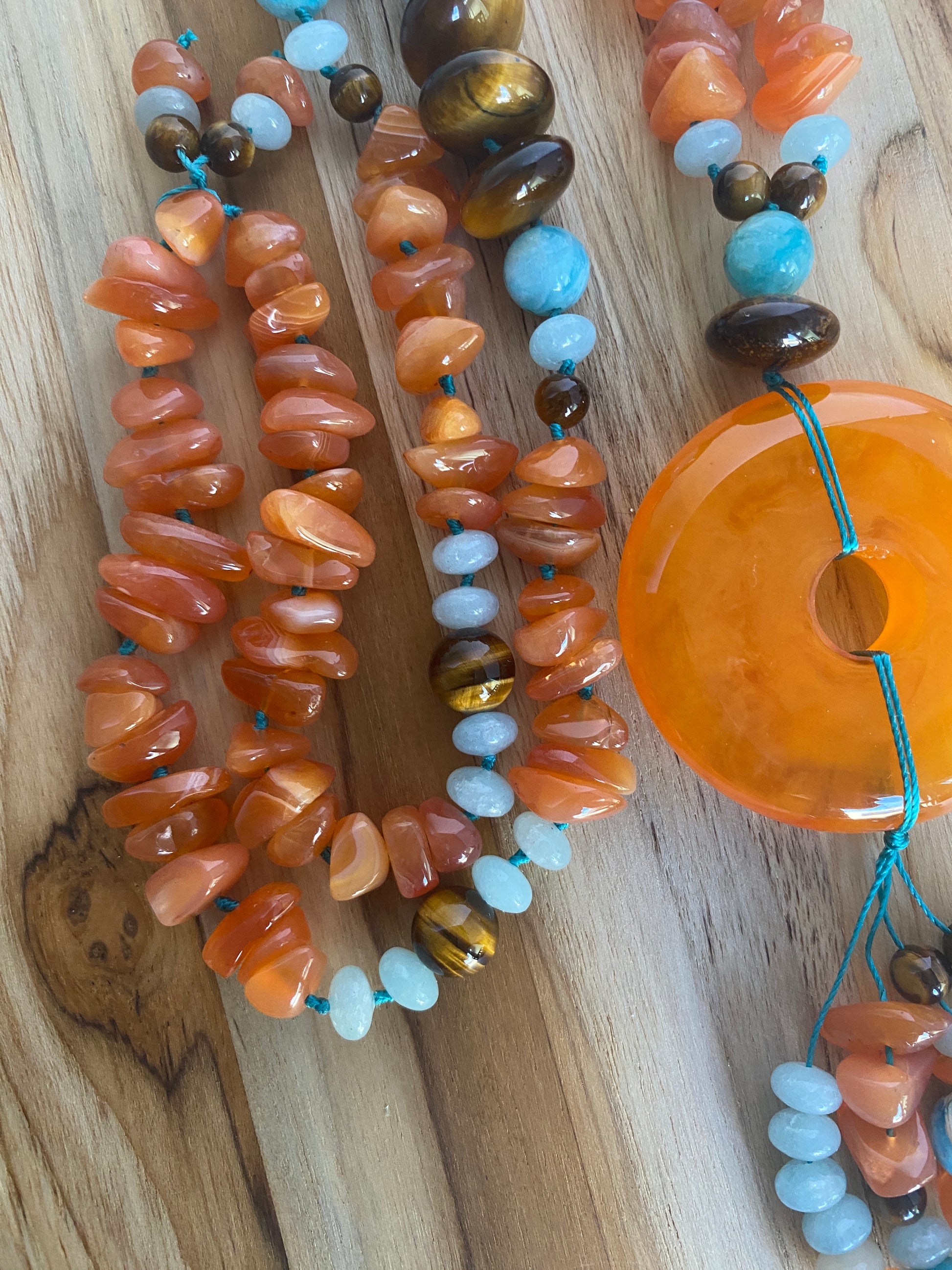 28" Long Large Orange Donut Beaded Necklace with Agate, Quartz & Tiger Eye Beads - My Urban Gems