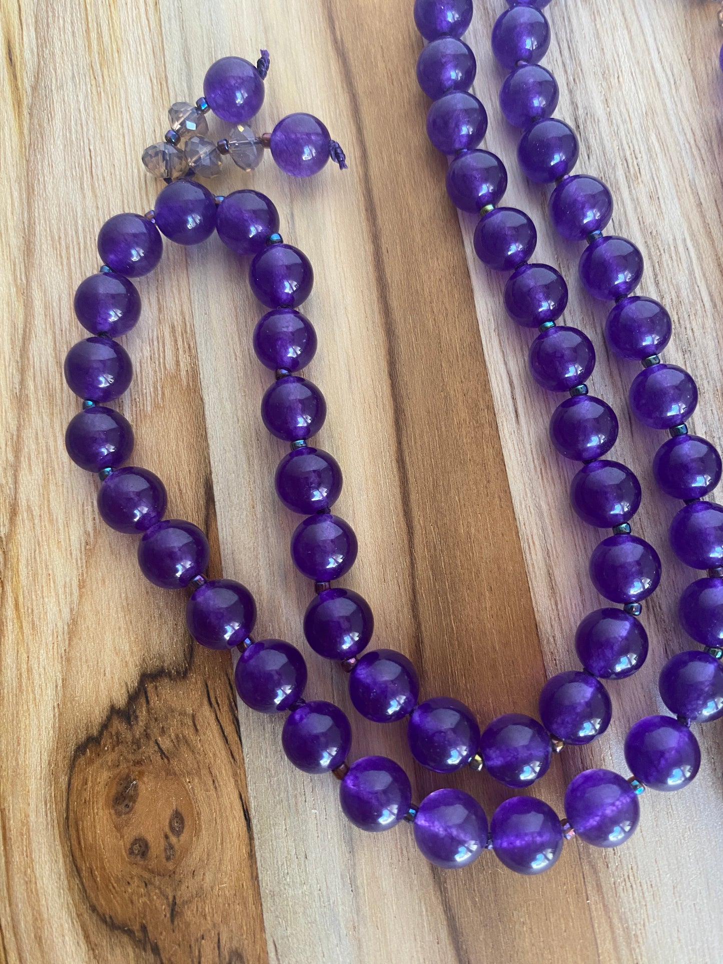 28" Long Dragon Vein Agate Cross Beaded Necklace with Purple Beads
