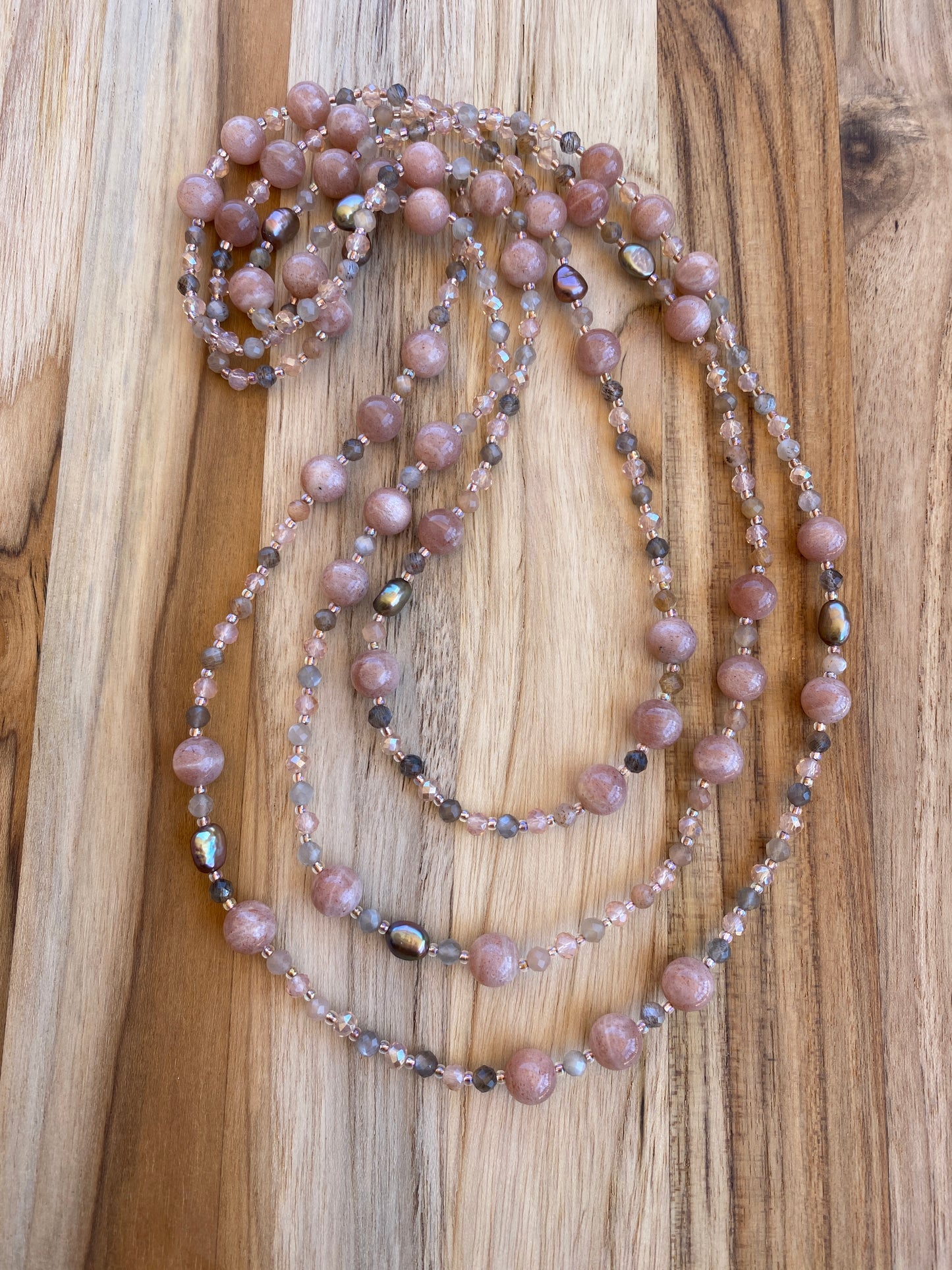 Extra Long Beaded Sunstone and Multi Colored Moonstone Necklace with Crystal Beads