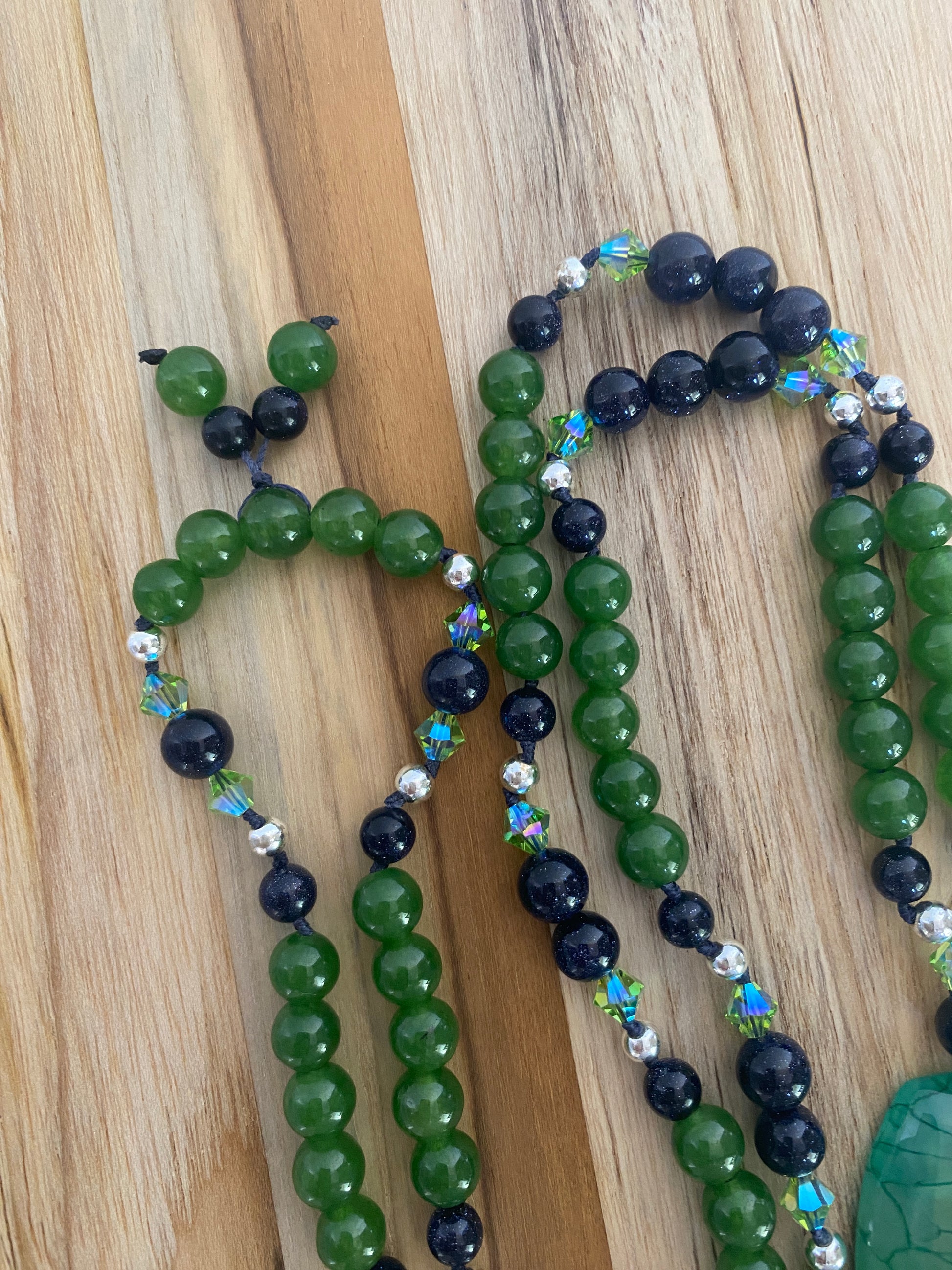 30" Green Agate Beaded Pendant Necklace with Blue Sandstone, Green Jade & Crystals - My Urban Gems