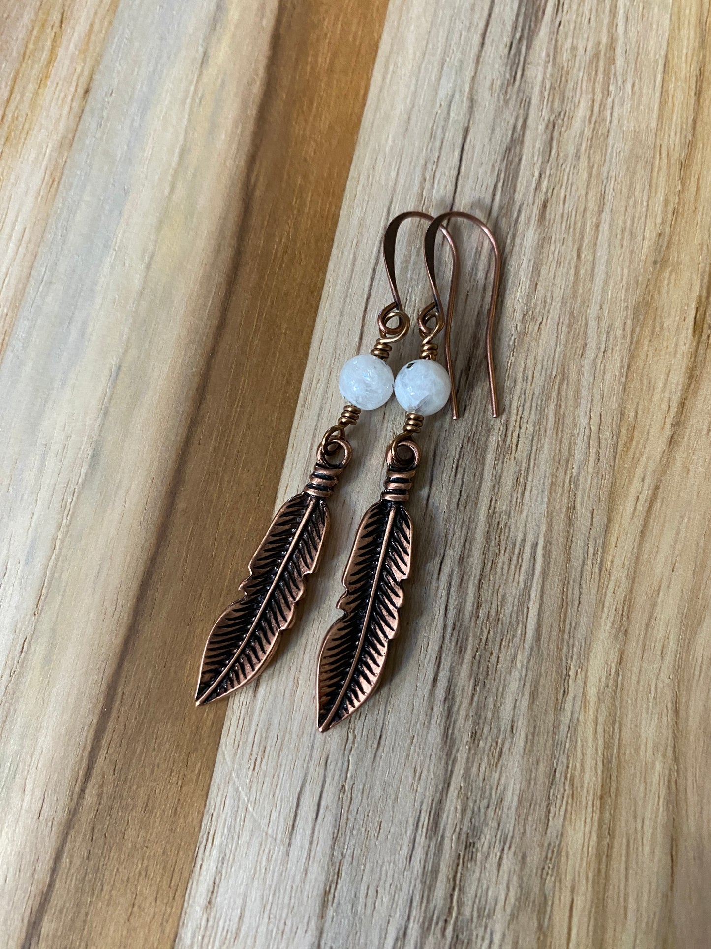 Long Copper Feather Boho Dangle Earrings with Moonstone