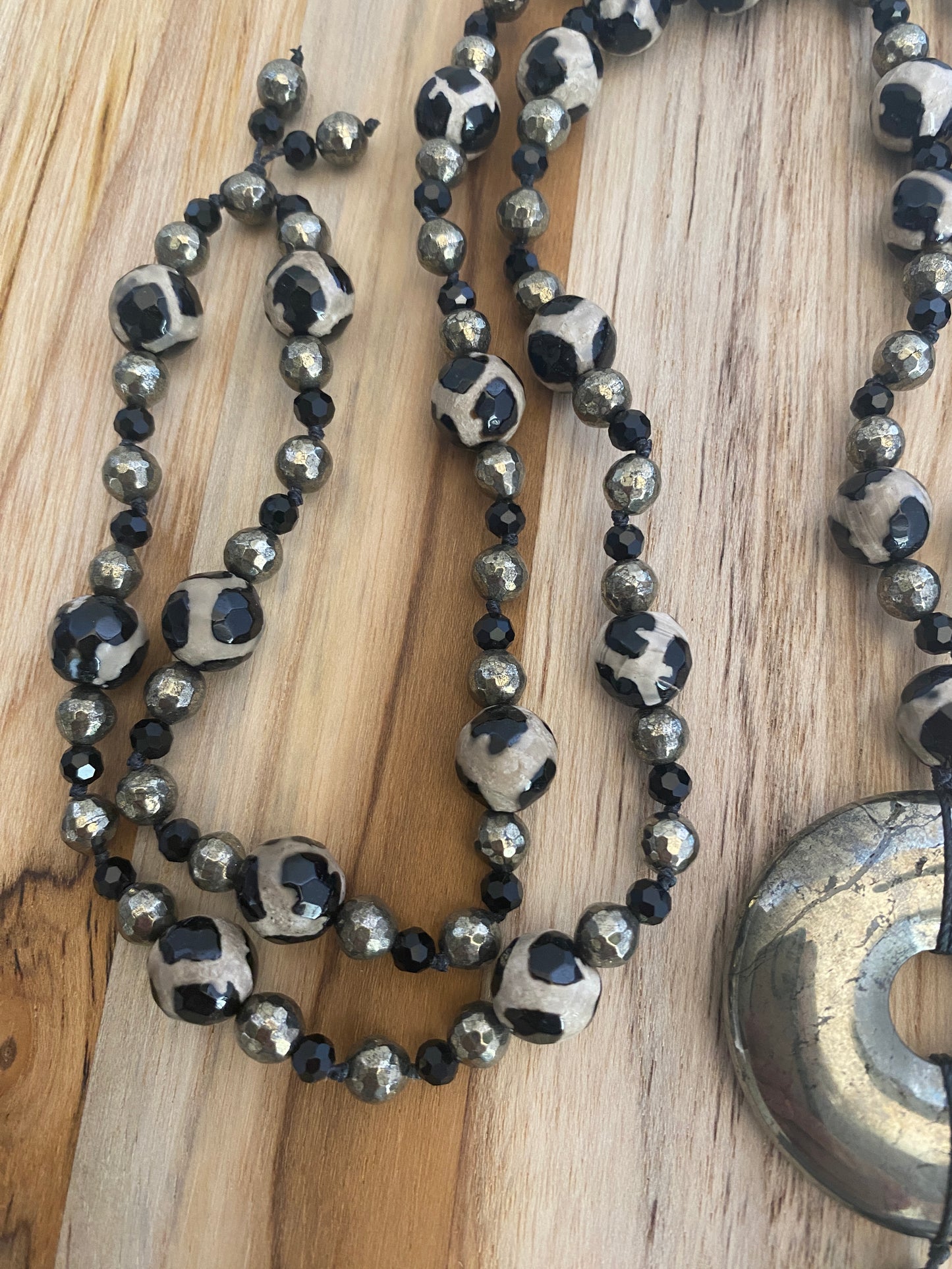 30" Pyrite Donut Dangle Necklace with Agate, Pyrite & Crystals