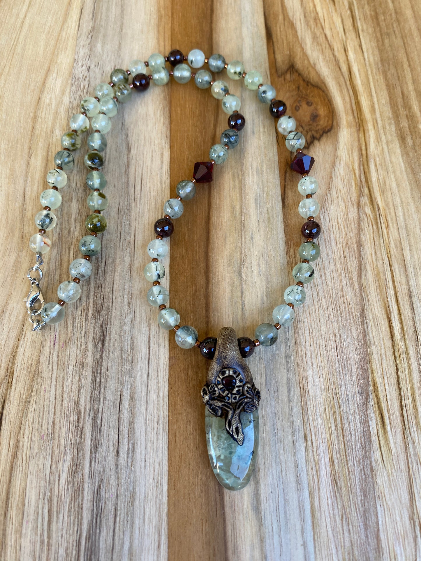 Prehnite Pendant Necklace with Prehnite and Garnet Beads