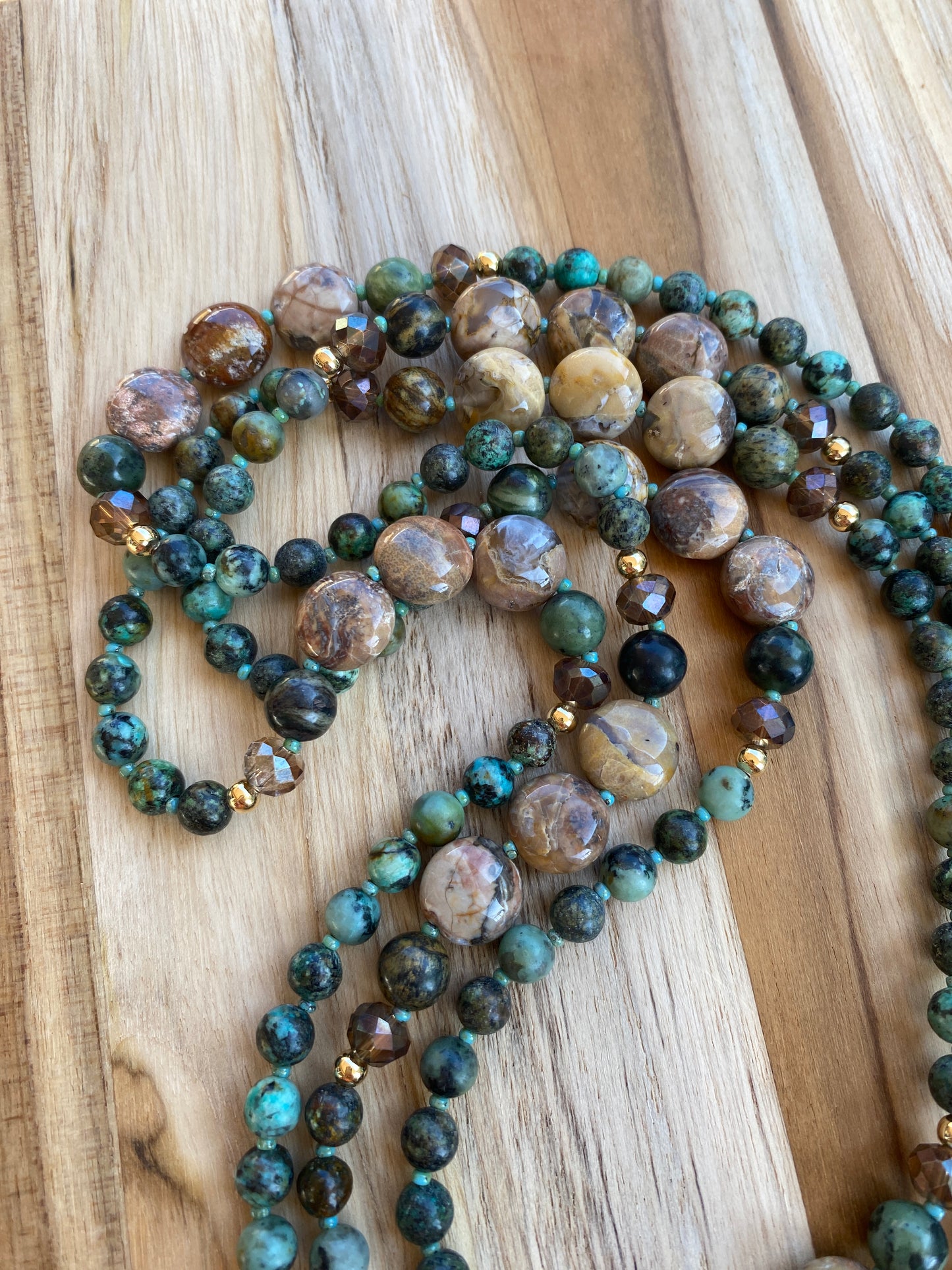 Extra Long Beaded Necklace with Crazy Lace Agate Green Jasper and African Turquoise Beads - My Urban Gems