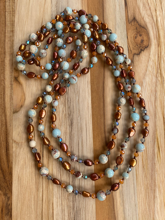 60" Extra Long Wraparound Style Necklace with Shoushan Stone Pearls and Crystal Beads - My Urban Gems
