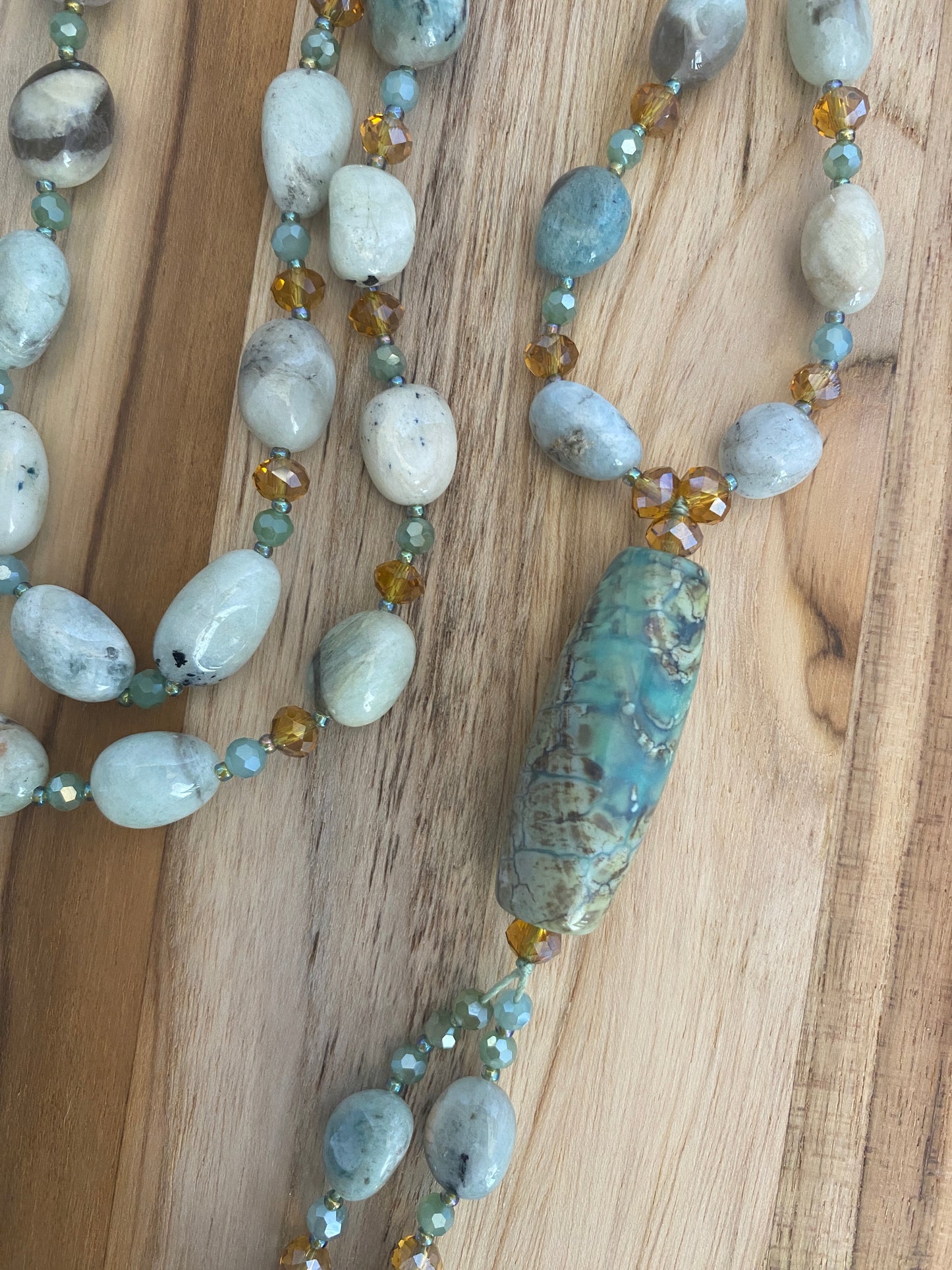 30" Long Amazonite Beaded Necklace with Agate Focal