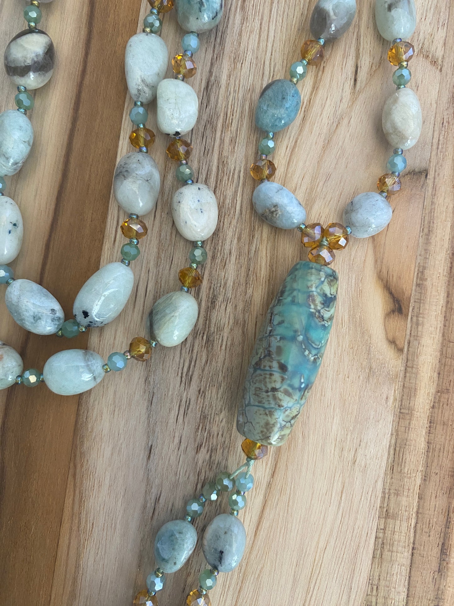 30" Long Amazonite Beaded Necklace with Agate Column Bead Focal - My Urban Gems