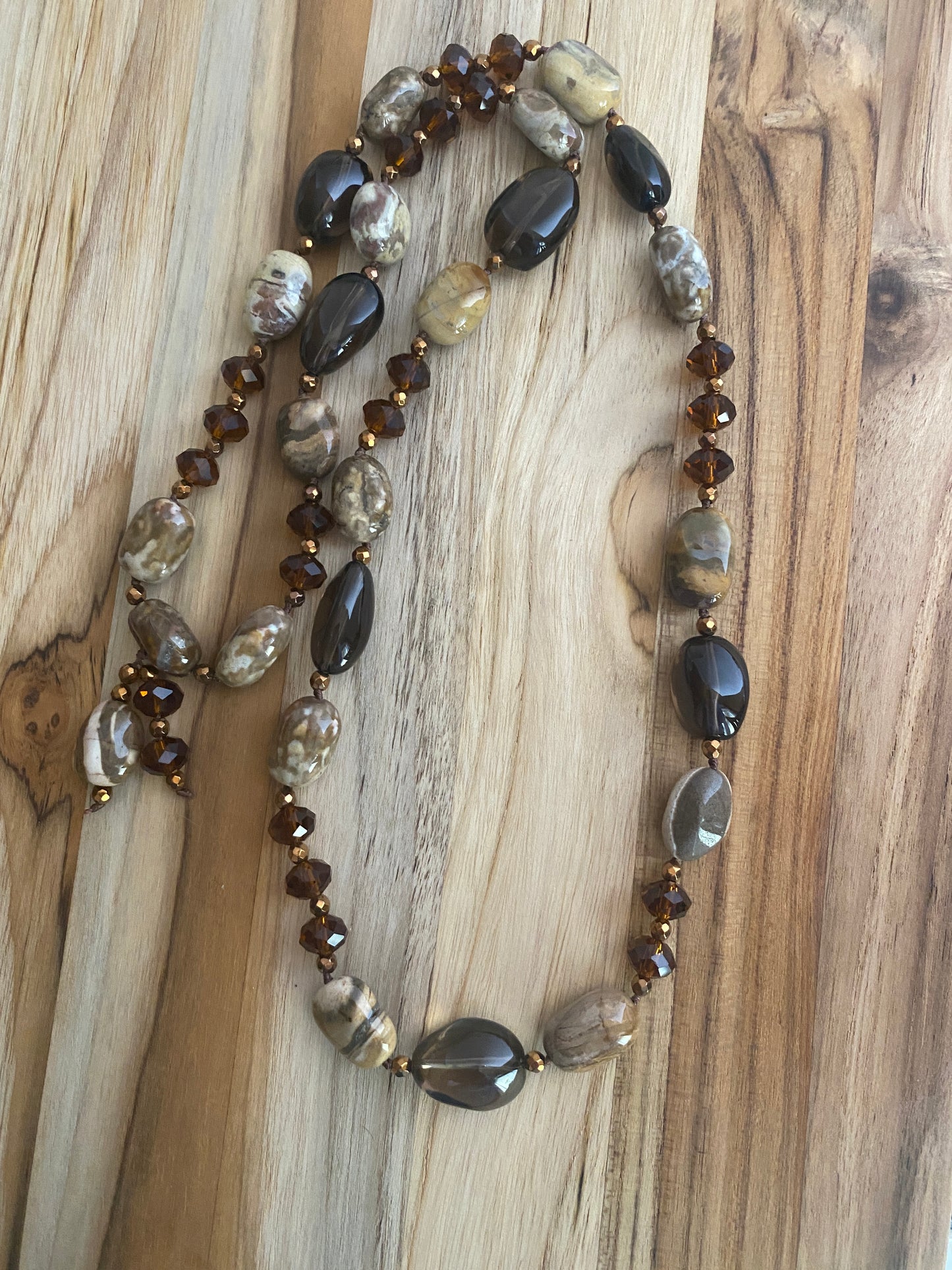 30" Long Shades of Brown Picture Jasper, Smoky Quartz & Crystal Necklace