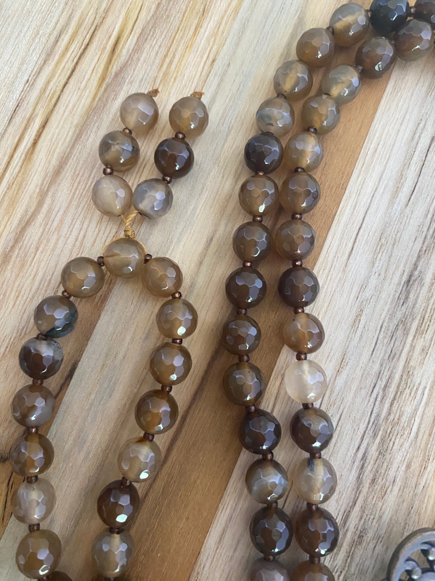 30" Brown Coffee Color Faceted Agate Beaded Necklace with Bronze Color Key - My Urban Gems