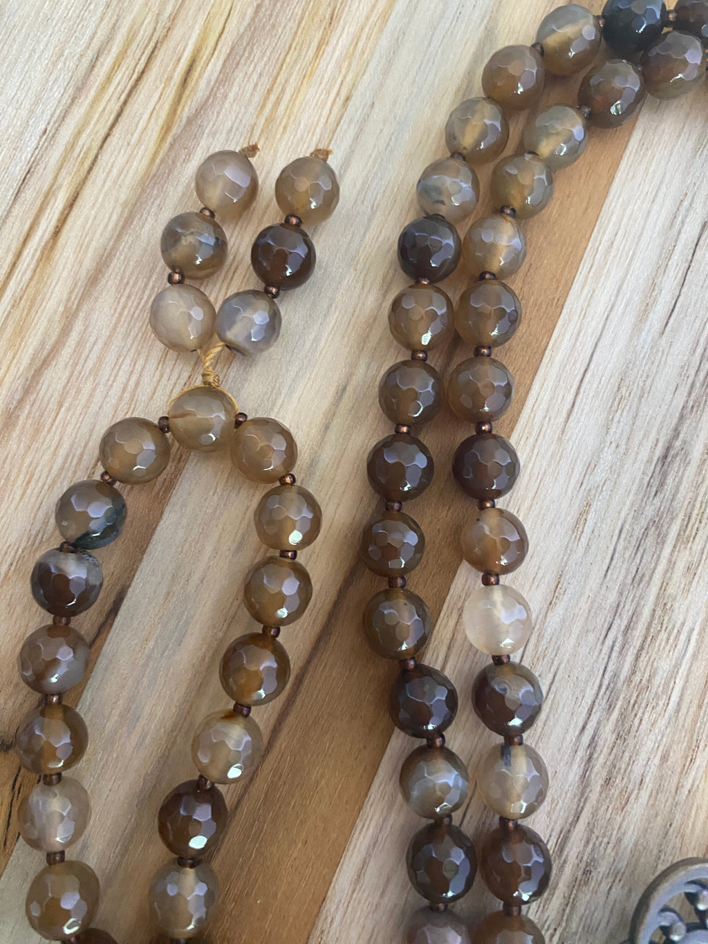 30" Brown Coffee Color Faceted Agate Beaded Necklace with Bronze Color Key - My Urban Gems
