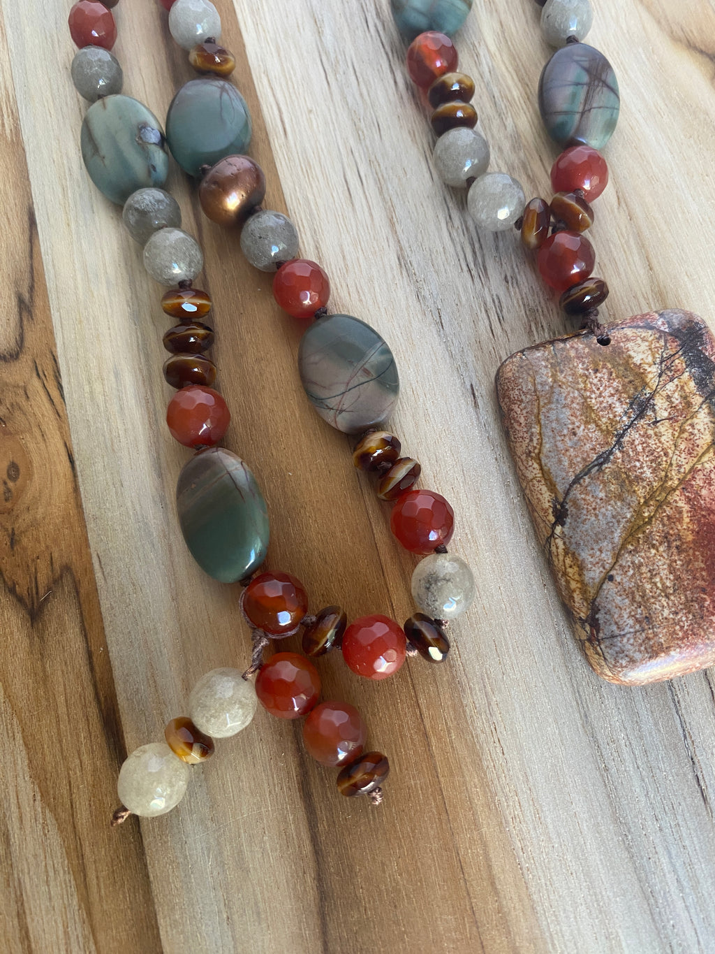 28" Long Picasso Jasper Oblong Pendant Necklace with Jasper Carnelian & Pearl Beads - My Urban Gems