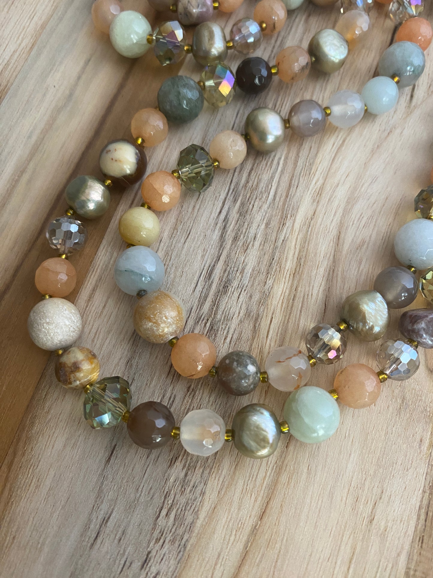 Long Peach and Green Beaded Multi Gem, Glass and Crystal Necklace - My Urban Gems