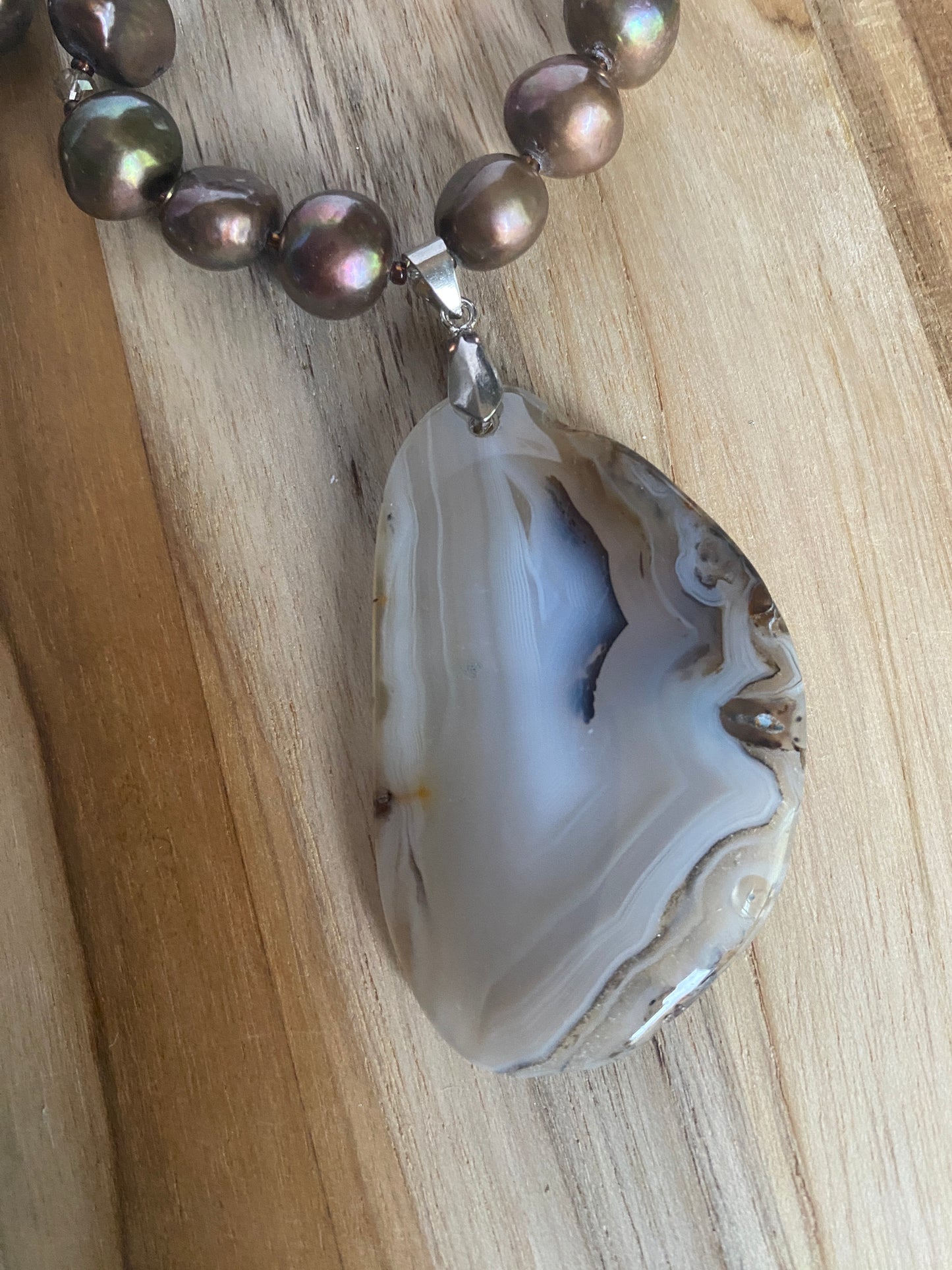 18.5" Agate Slice Pendant Necklace with Brown Freshwater Pearls
