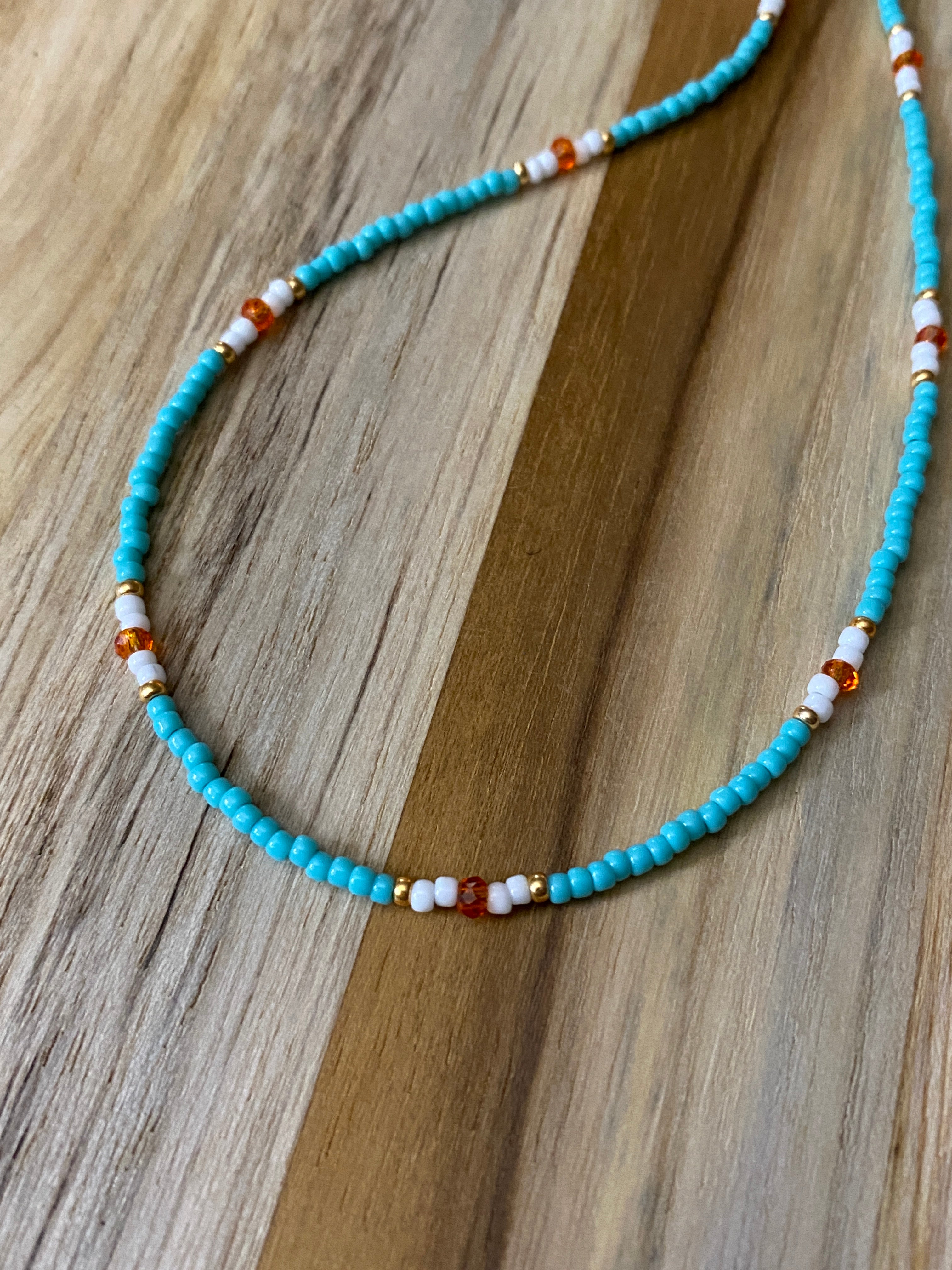 Dainty Minimalist Turquoise Seed Bead Beaded Necklace with Crystal