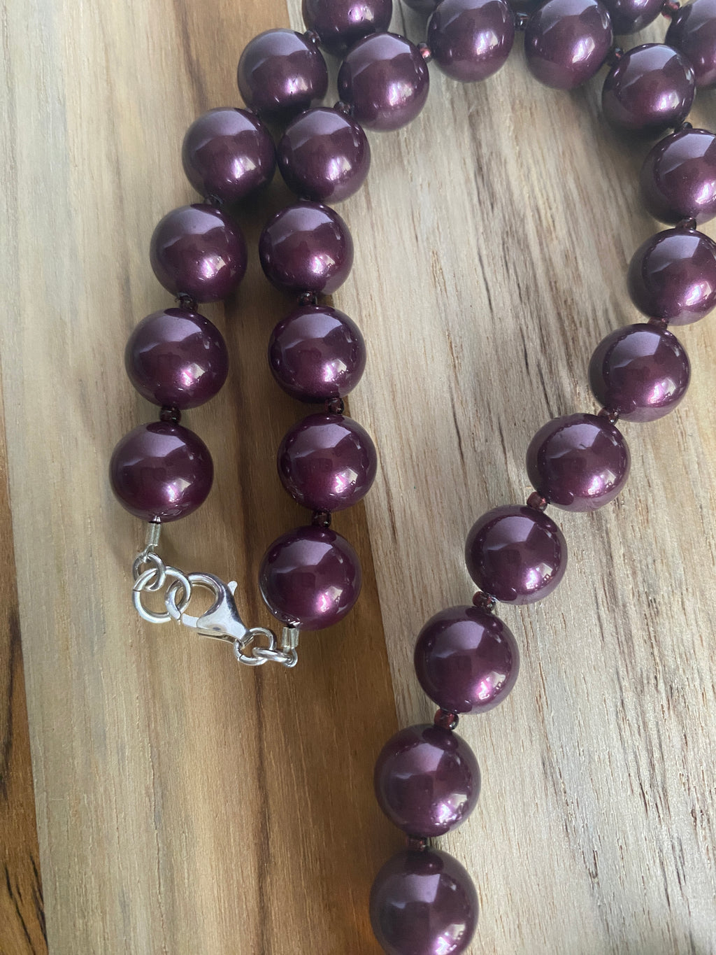 20" Long Dichroic Glass Pendant Necklace with Plum Purple Faux Shell Pearls & Crystal Beads - My Urban Gems