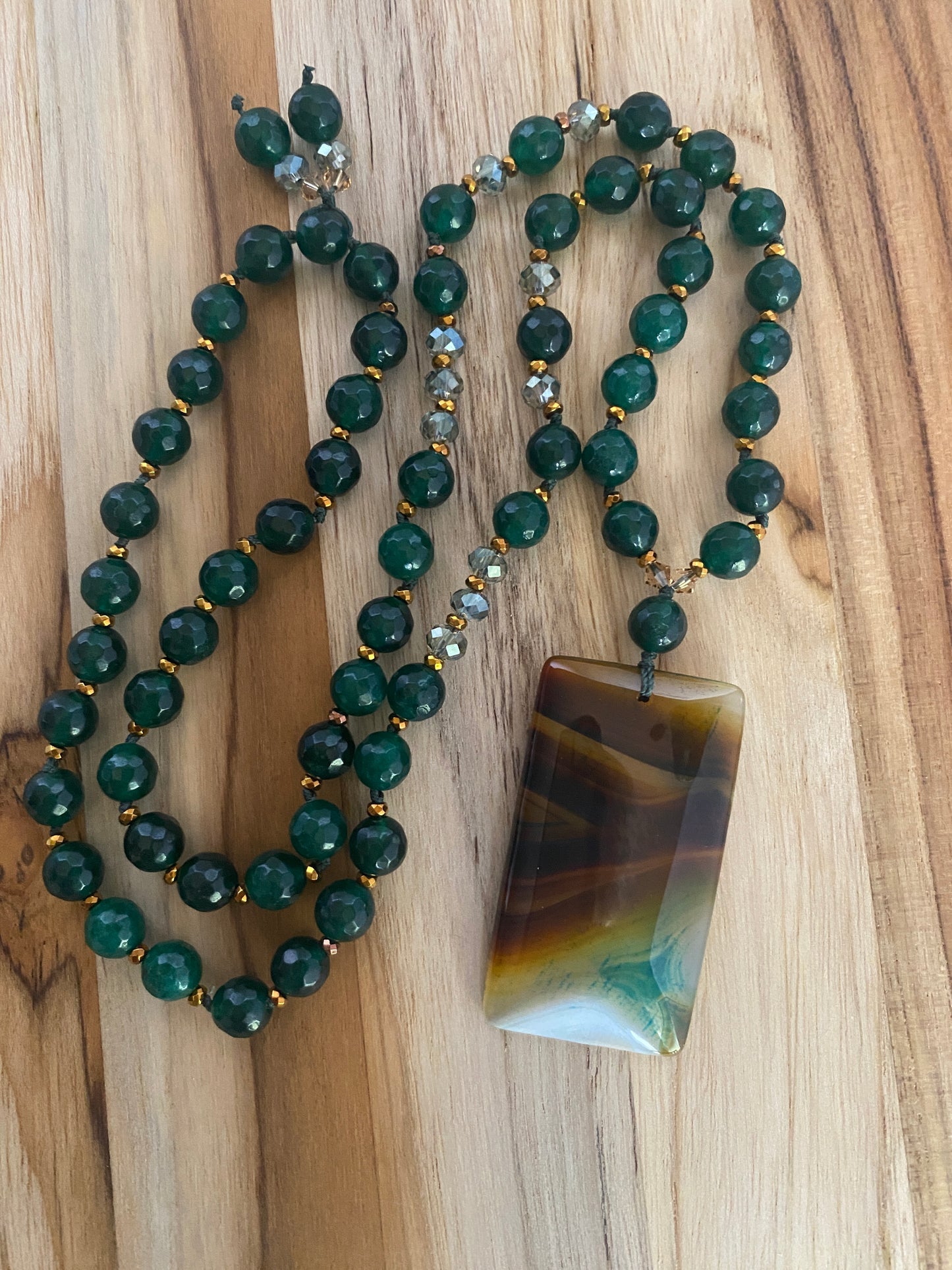 28" Long Brown & Green Agate Pendant Beaded Necklace with Green Agate & Crystal Beads
