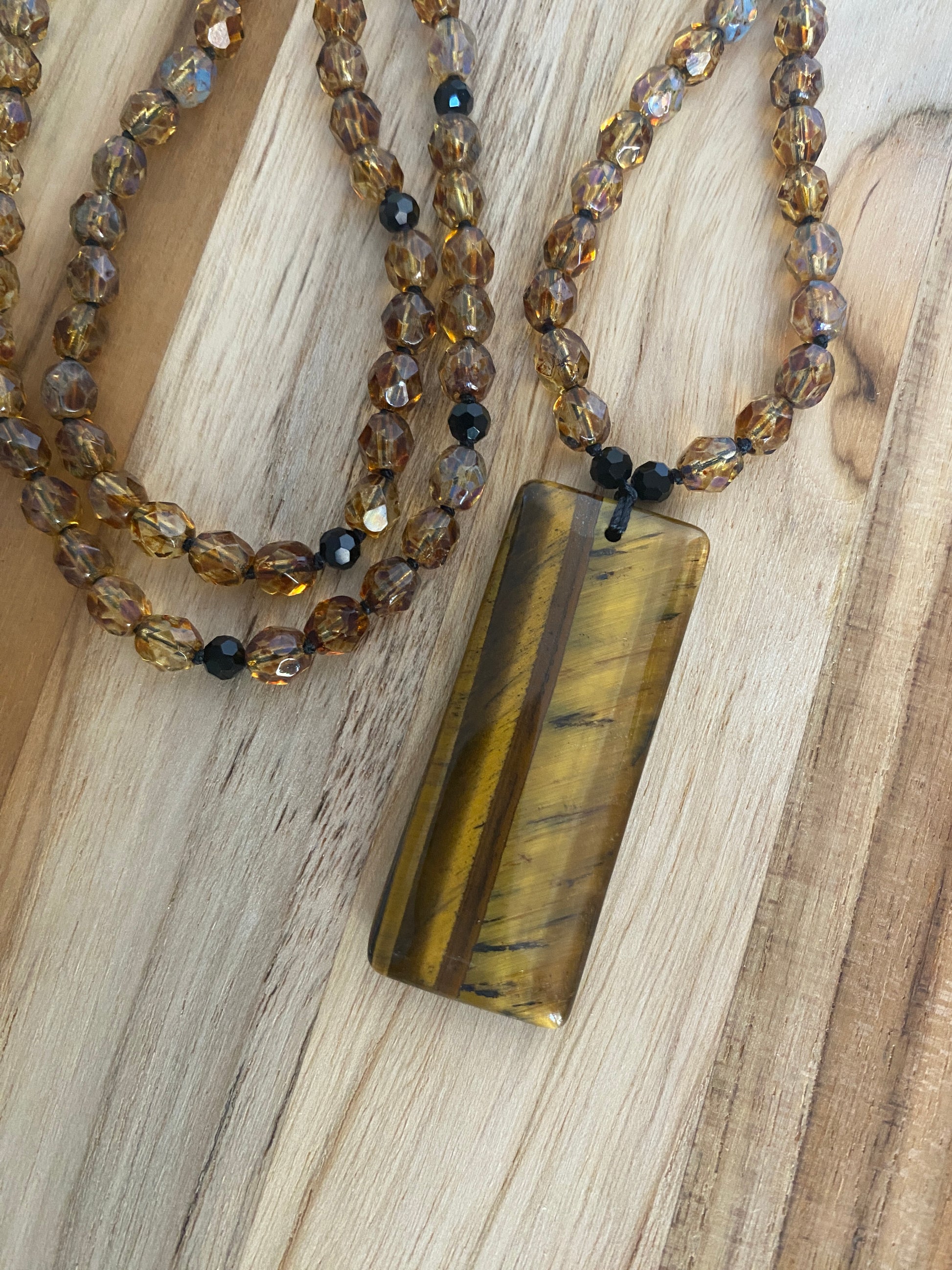 28" Hand Knotted Tiger Eye Pendant Necklace with Picasso Czech Glass & Crystal Beads - My Urban Gems