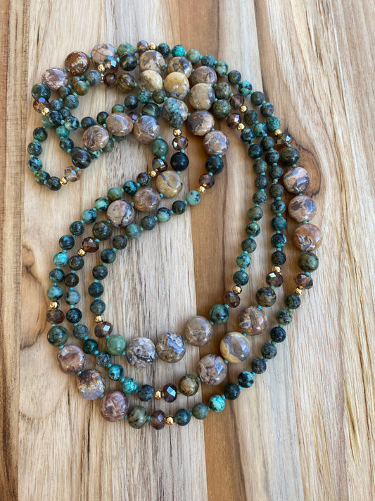 Extra Long Beaded Necklace with Crazy Lace Agate Green Jasper and African Turquoise Beads