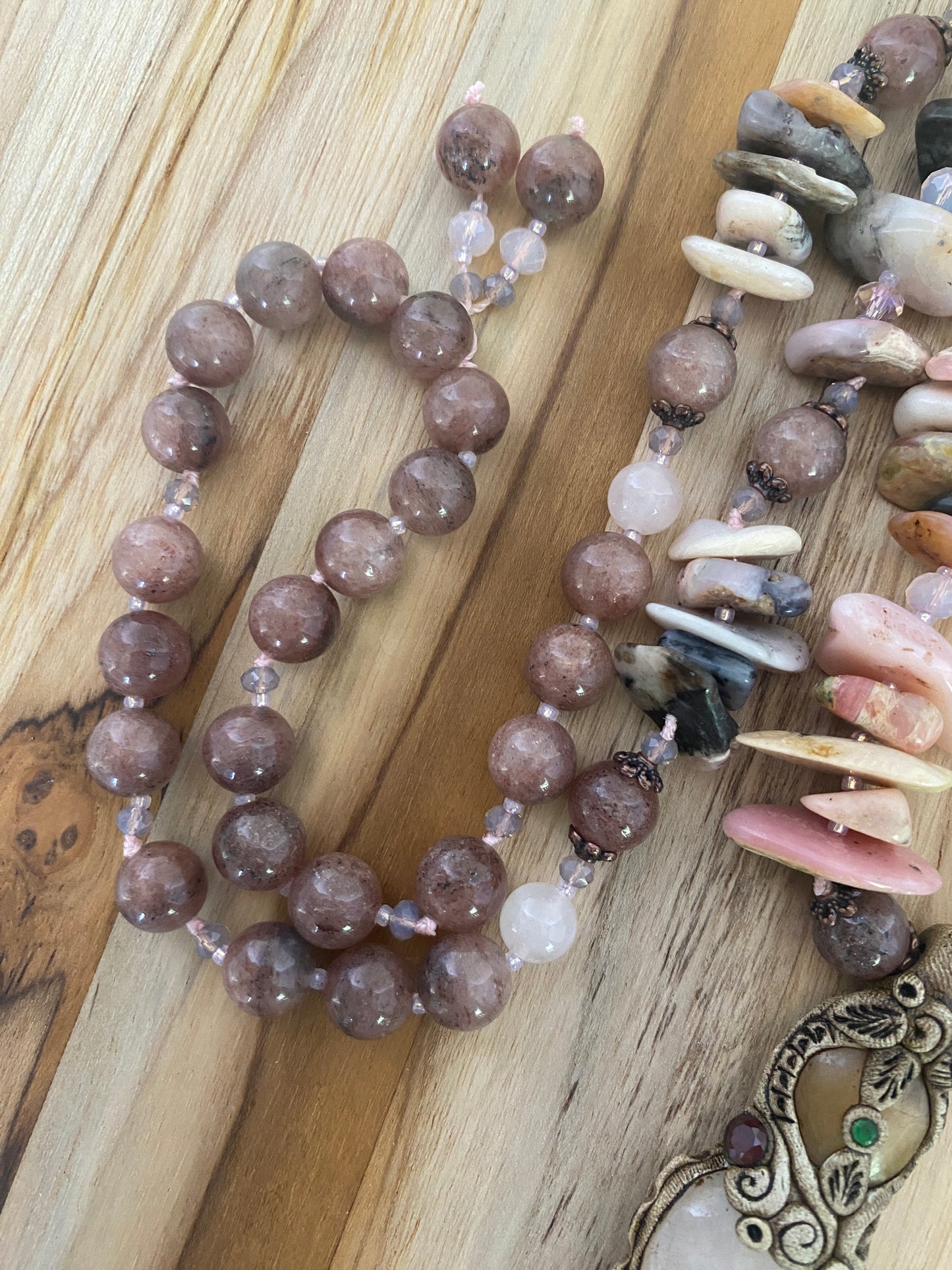 30" Long Rose Quartz & Clay Pendant Necklace with Quartz & Pink Opal Beads