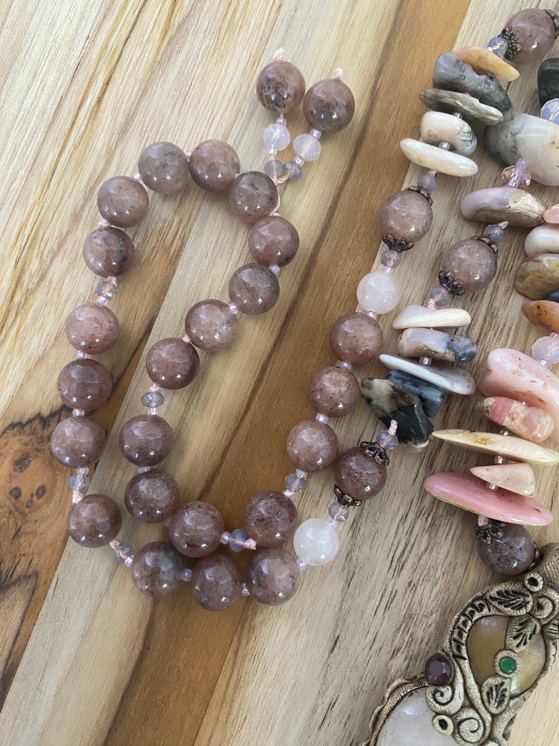 30" Long Rose Quartz & Clay Pendant Necklace with Quartz & Pink Opal Beads - My Urban Gems