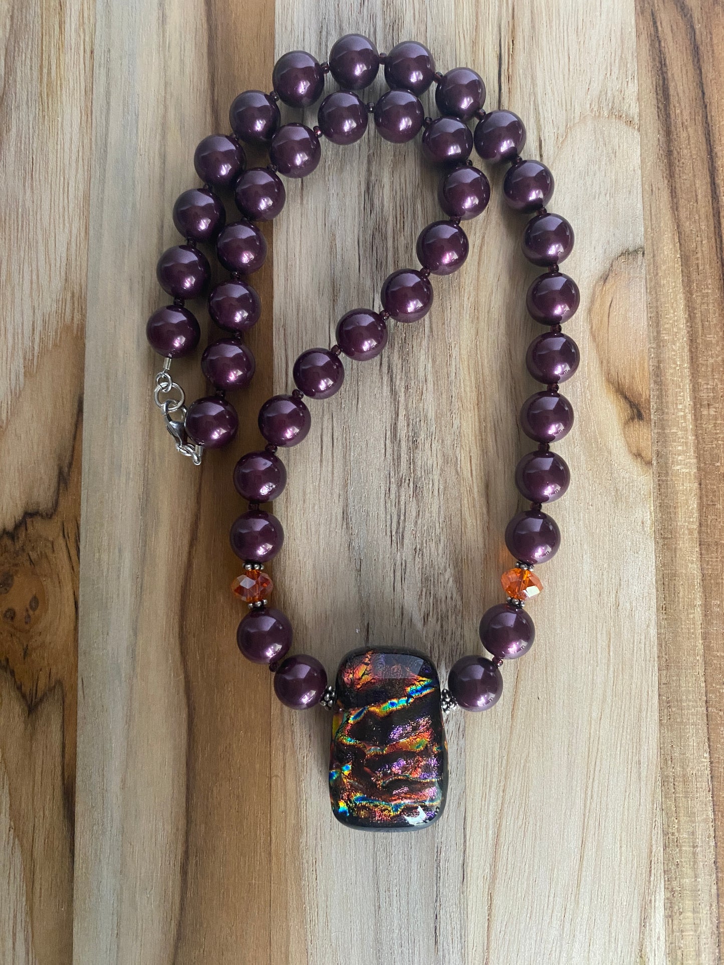 20" Long Dichroic Glass Pendant Necklace with Plum Purple Faux Shell Pearls & Crystal Beads