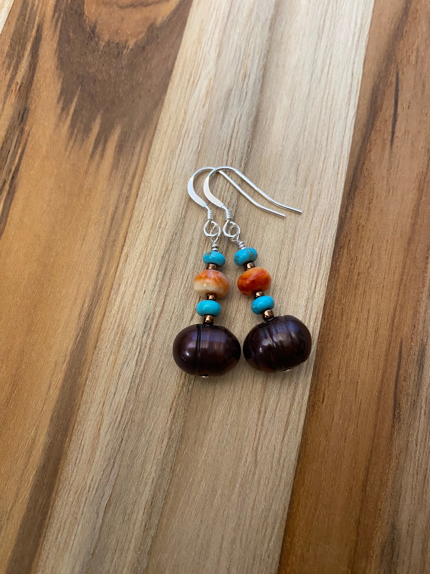 Chocolate Freshwater Pearl Dangle Earrings with Spiny Oyster and Natural Turquoise