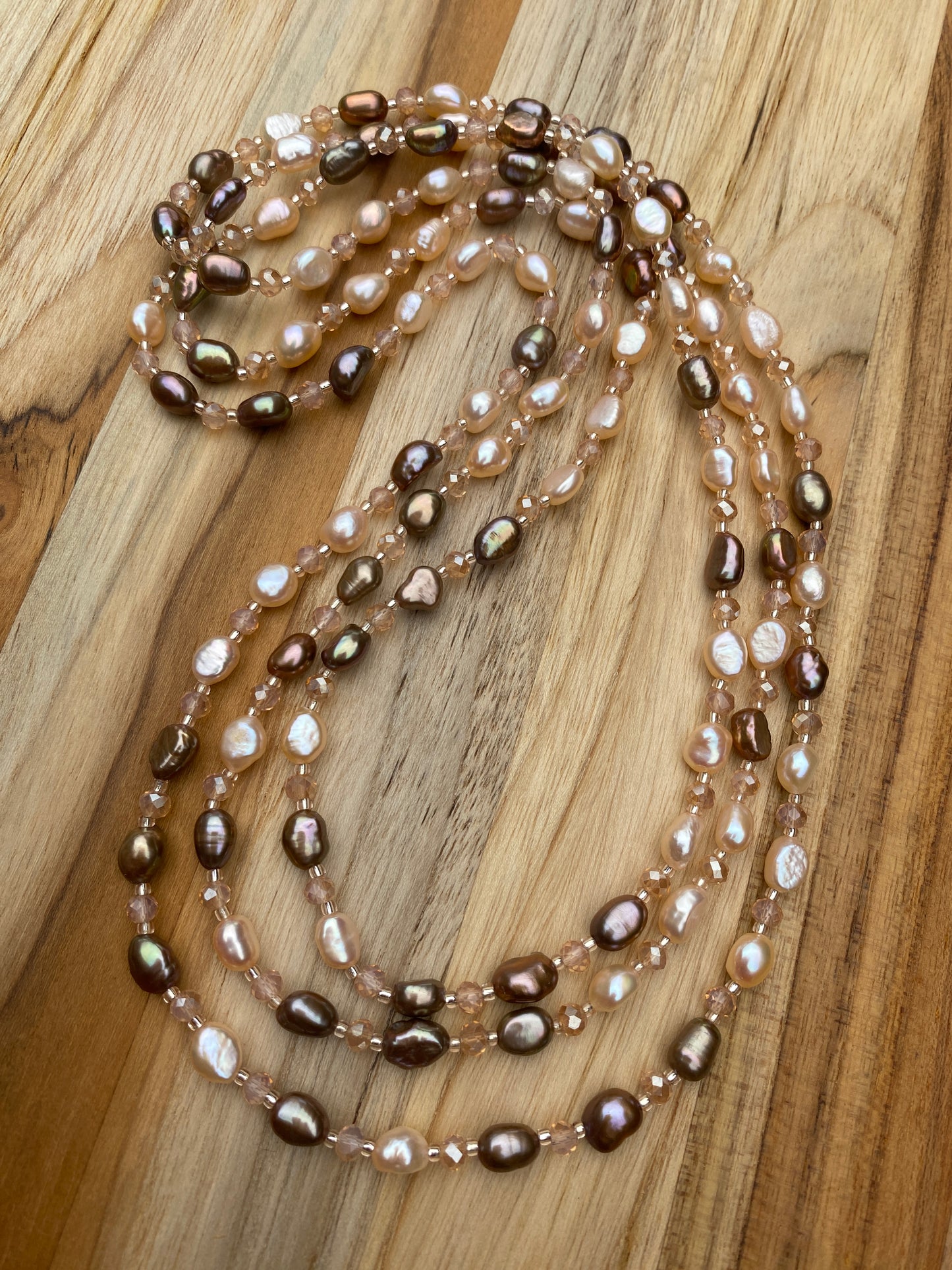 Long Dainty Brown and Cream Freshwater Pearl Beaded Necklace with Crystal Beads