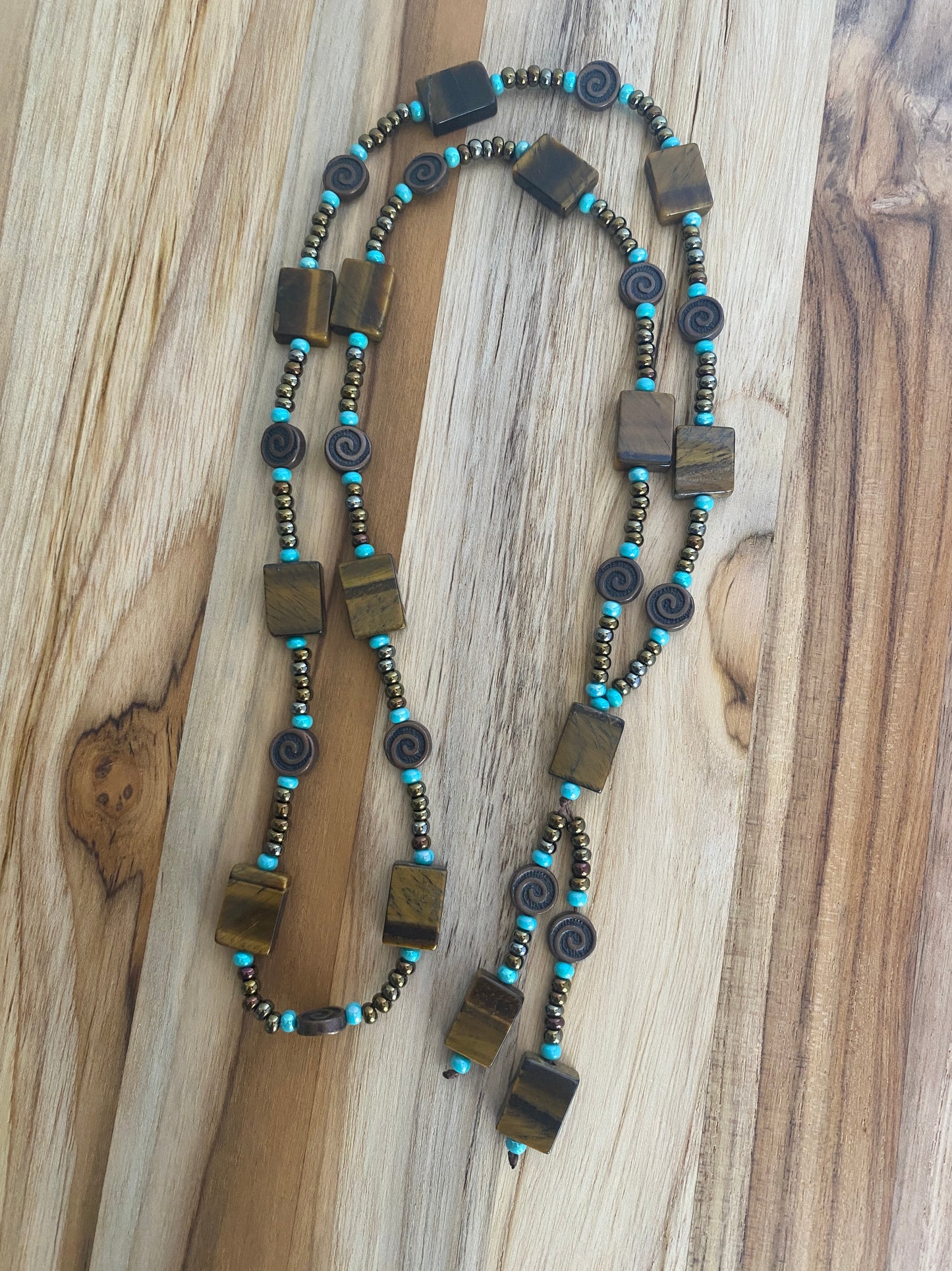 28" Long Tiger Eye Beaded Necklace with Seed Beads