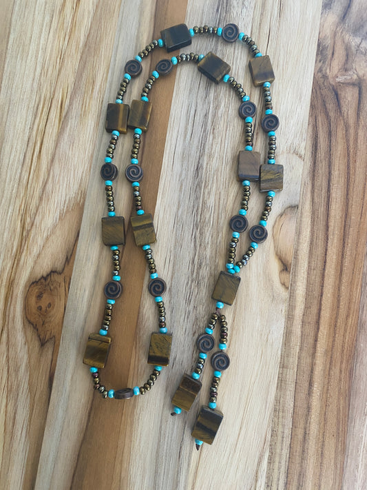 28" Long Tiger Eye Beaded Necklace with Seed Beads