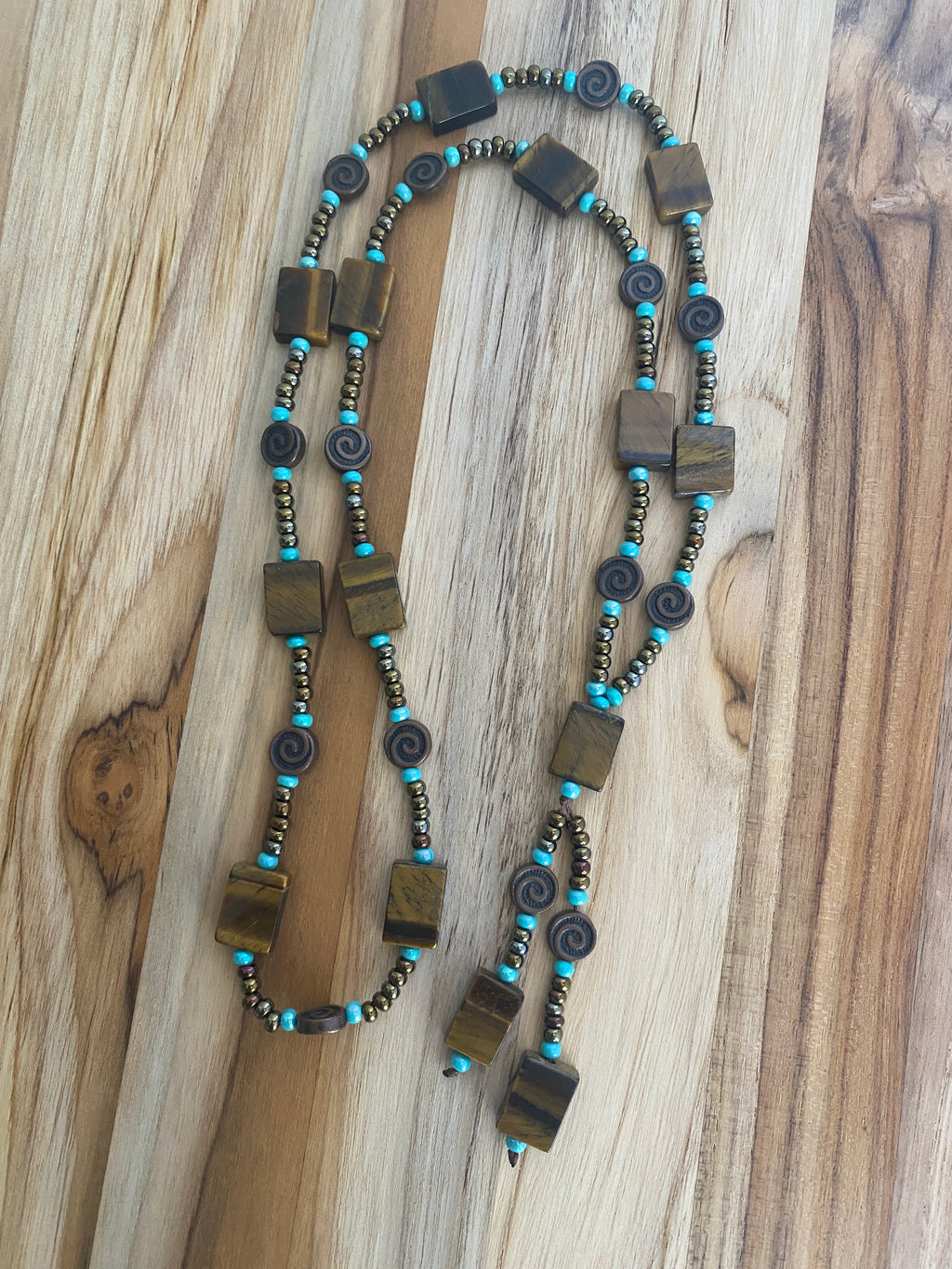 28" Long Rectangle ShapedTiger Eye Beaded Necklace with Antique Bronze Accents and Seed Beads - My Urban Gems
