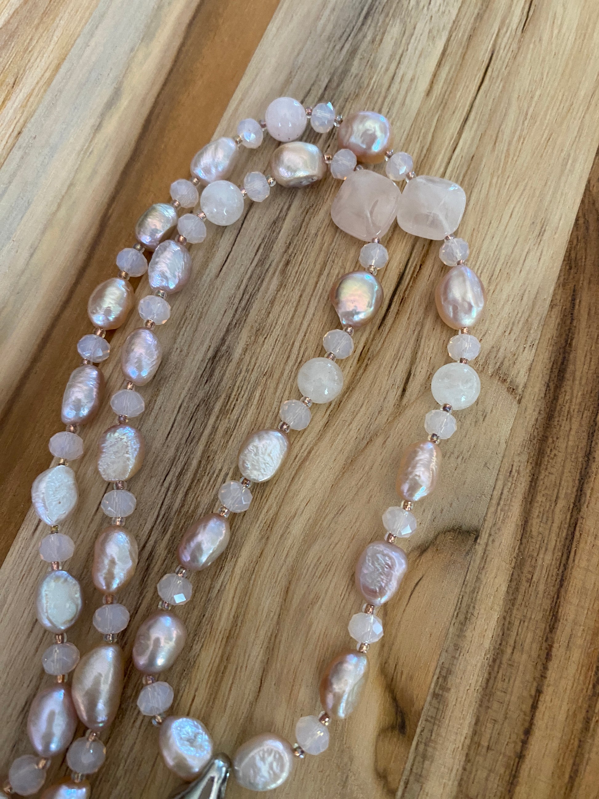 28" Long Rose Quartz Beaded Pendulum Necklace with Pearl & Crystal Beads - My Urban Gems