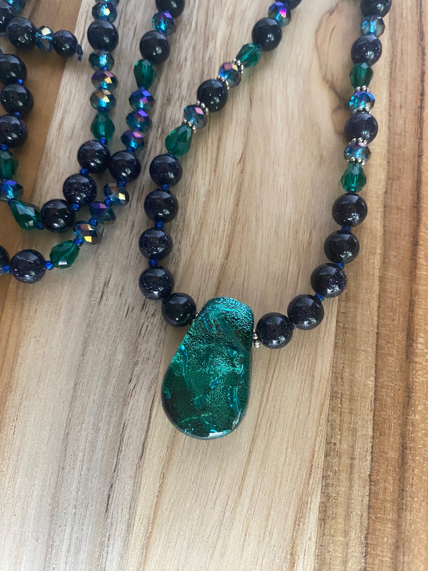 28" Long Emerald Green Dichroic Pendant Necklace with Blue Sandstone & Crystal Beads