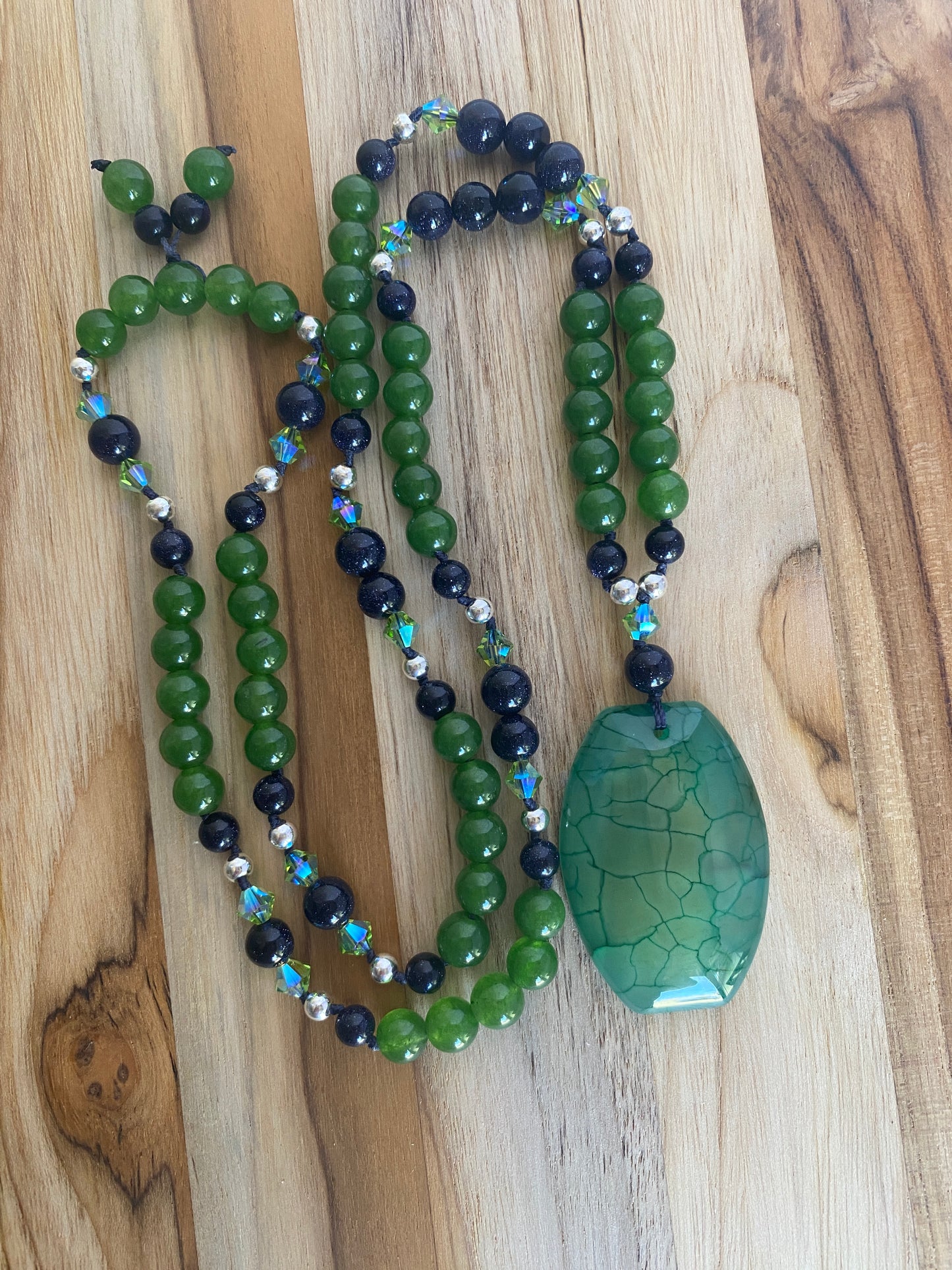 30" Green Agate Beaded Pendant Necklace with Blue Sandstone, Green Jade & Crystals