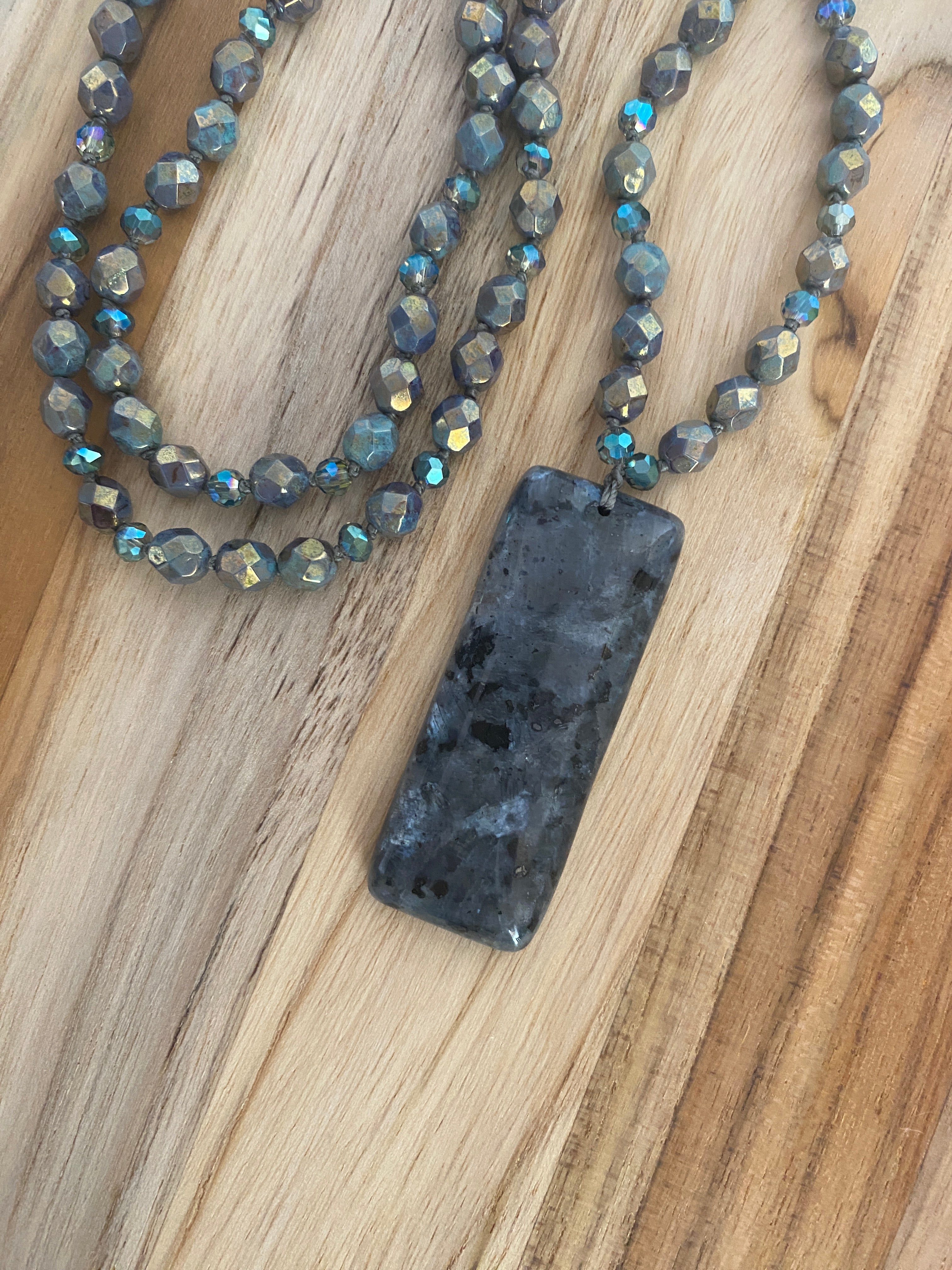 28" Long Hand Knotted Larvikite Pendant Necklace with Czech Glass Beads & Crystals - My Urban Gems