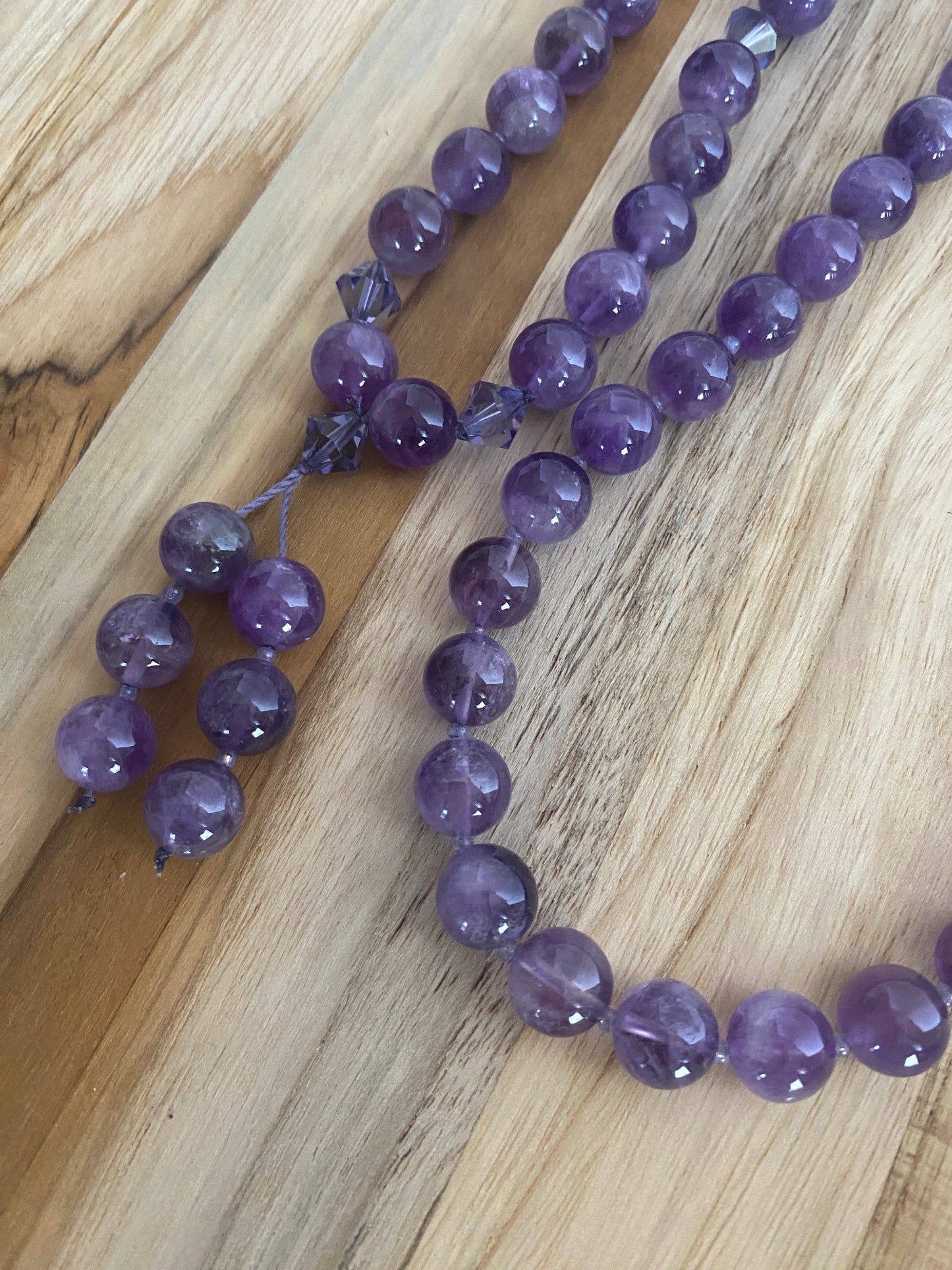30" Long Amethyst and Crystal Beaded Necklace