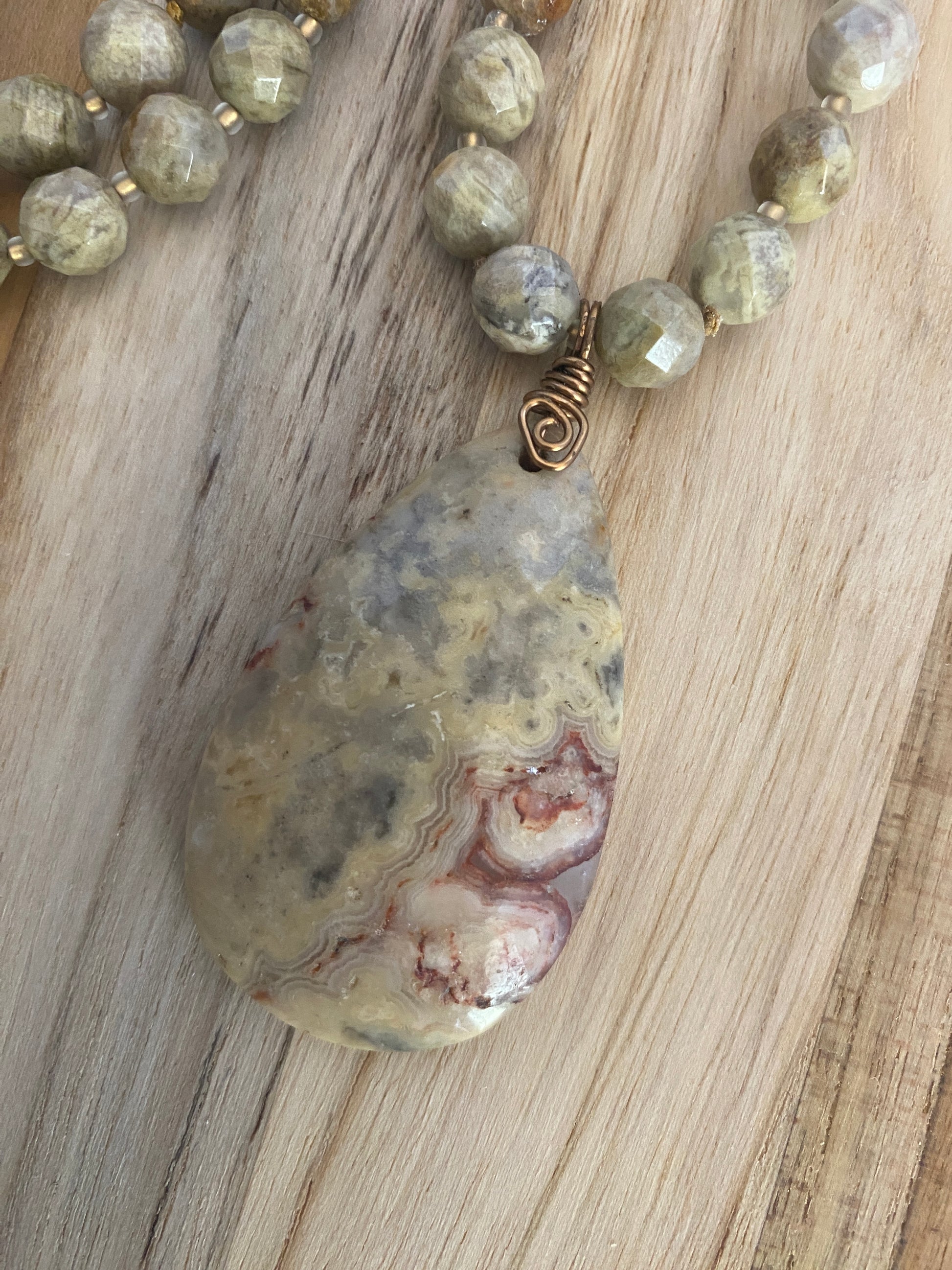 28" Long Beaded Crazy Lace Agate Pendant Necklace with Faceted Agate & Crystal Beads - My Urban Gems