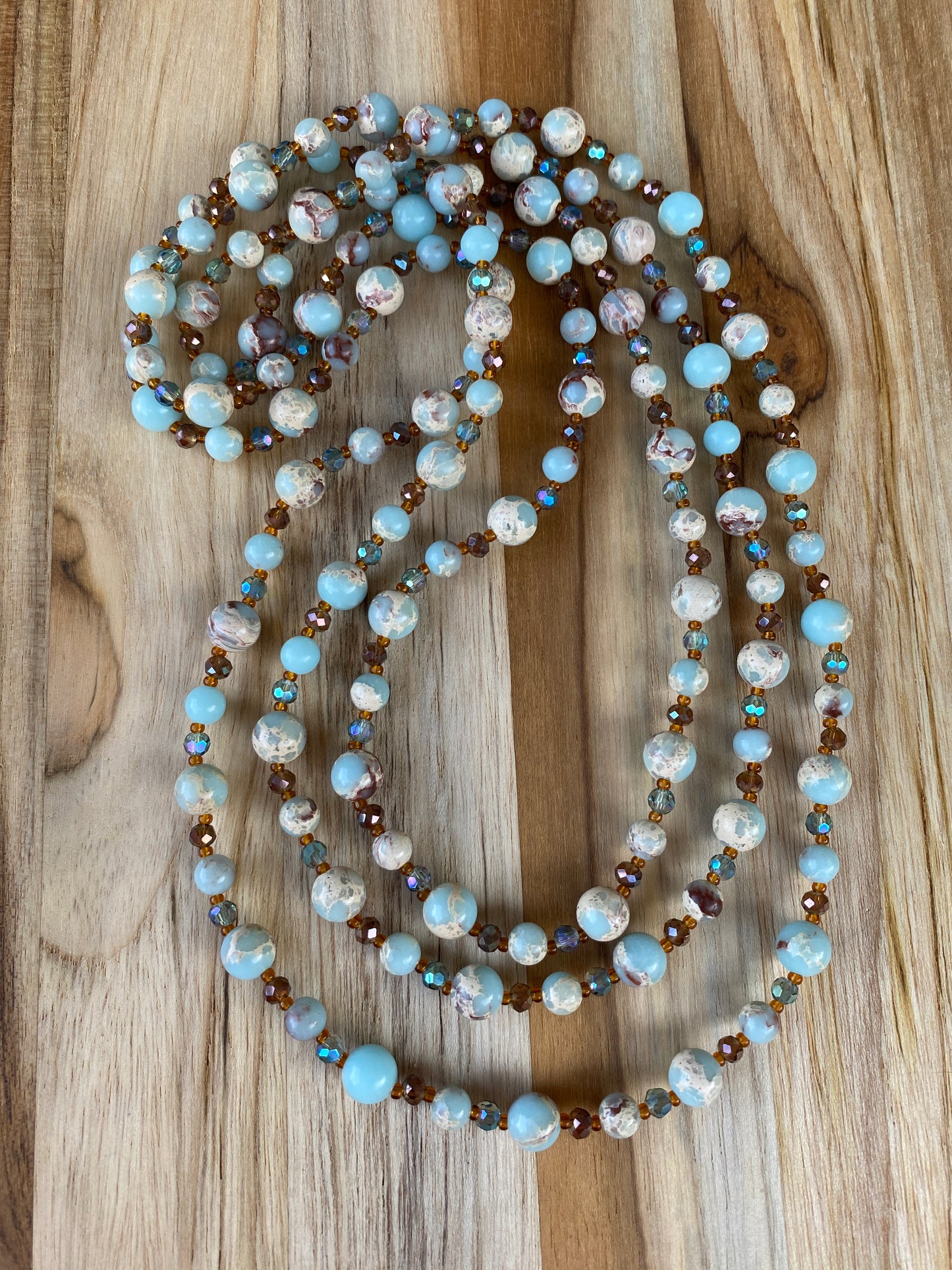 60" Extra Long Light Blue Shoushan Stone Beaded Wraparound Necklace with Crystal Beads - My Urban Gems