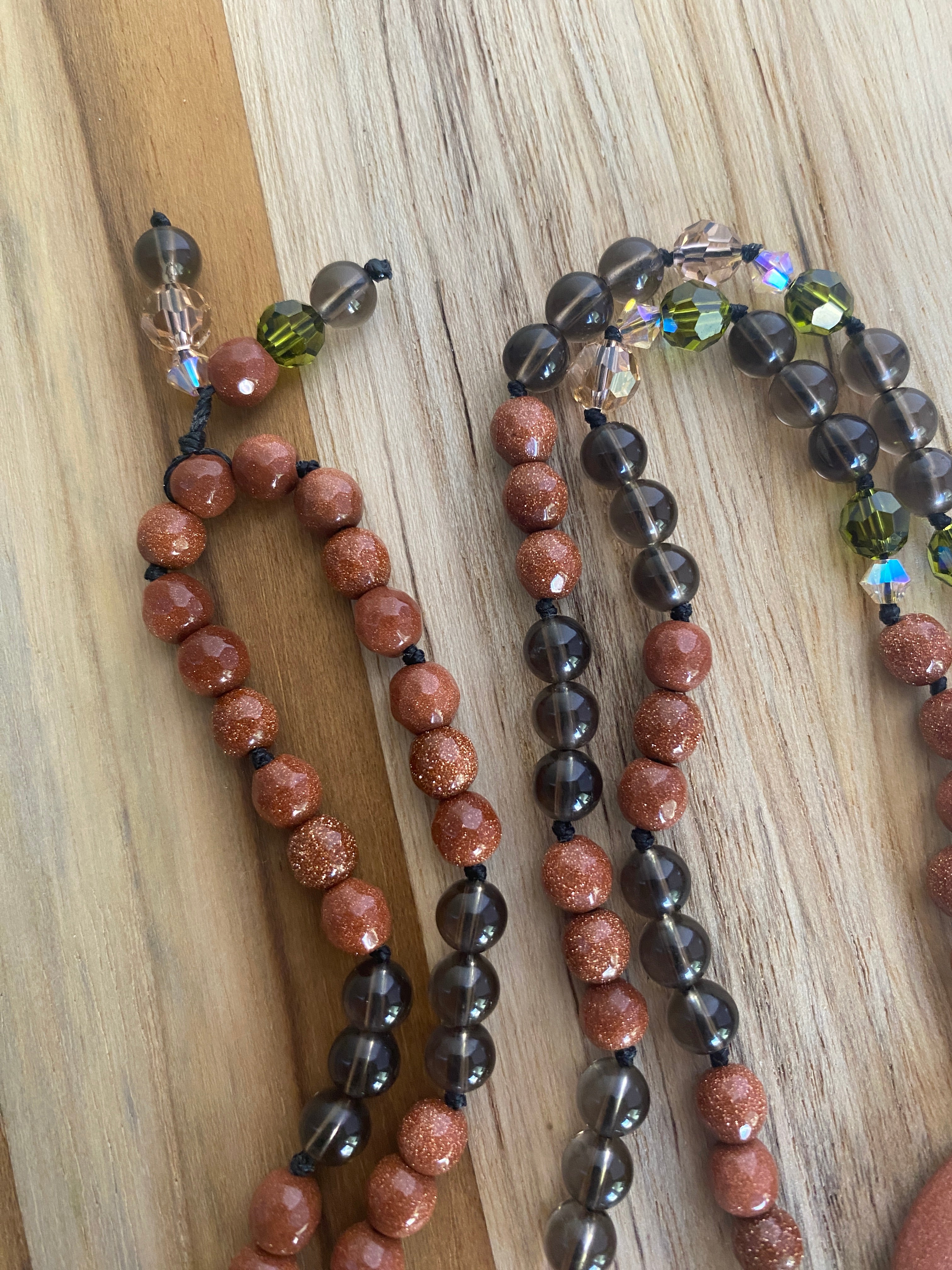 30" Goldstone, Smoky Quartz & Swarovski Crystal Donut Necklace - My Urban Gems