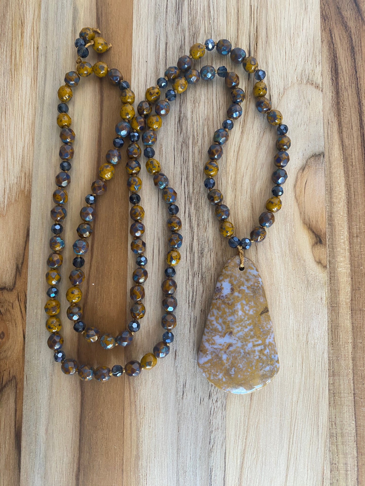 28" Long Hand Knotted Jasper Pendant Necklace with mustard/Blue Czech Glass & Crystal Beads - My Urban Gems