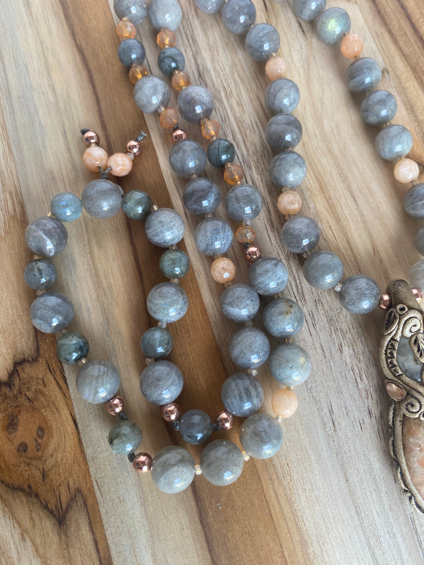 30" Long Hand Knotted Clay Pendant Necklace with Labradorite & Peach Agate Beads