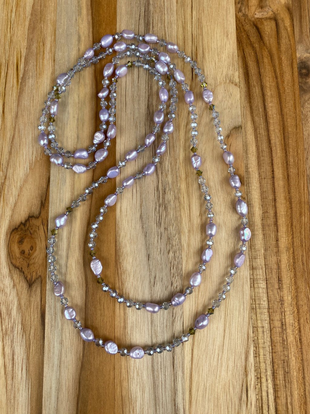 48” Long Dainty Pale Lavender Pearl Necklace with Crystal Beads