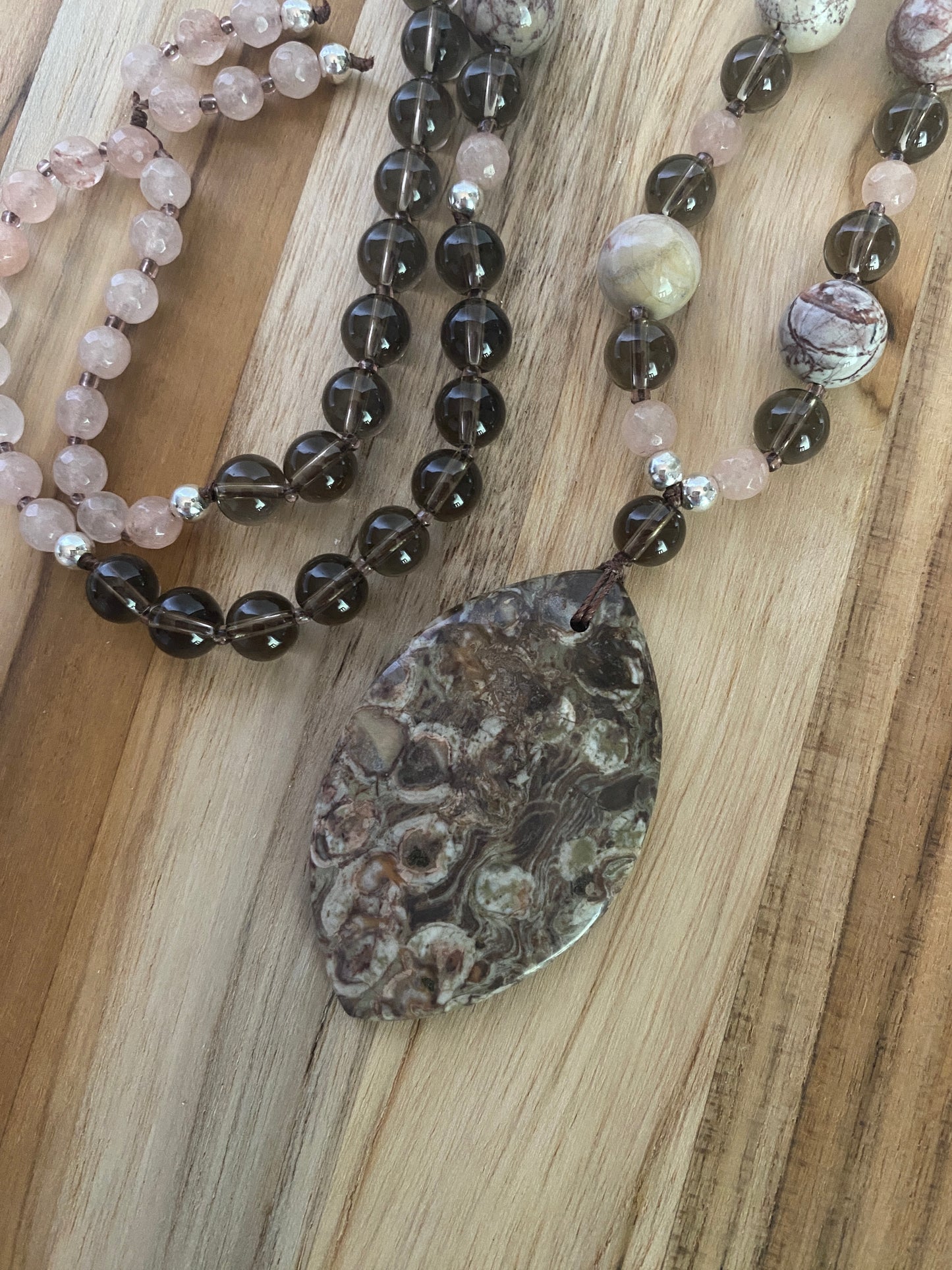 28" Long Ayaka Agate Pendant Necklace with Picasso Jasper, Smoky Quartz & Agate Beads - My Urban Gems