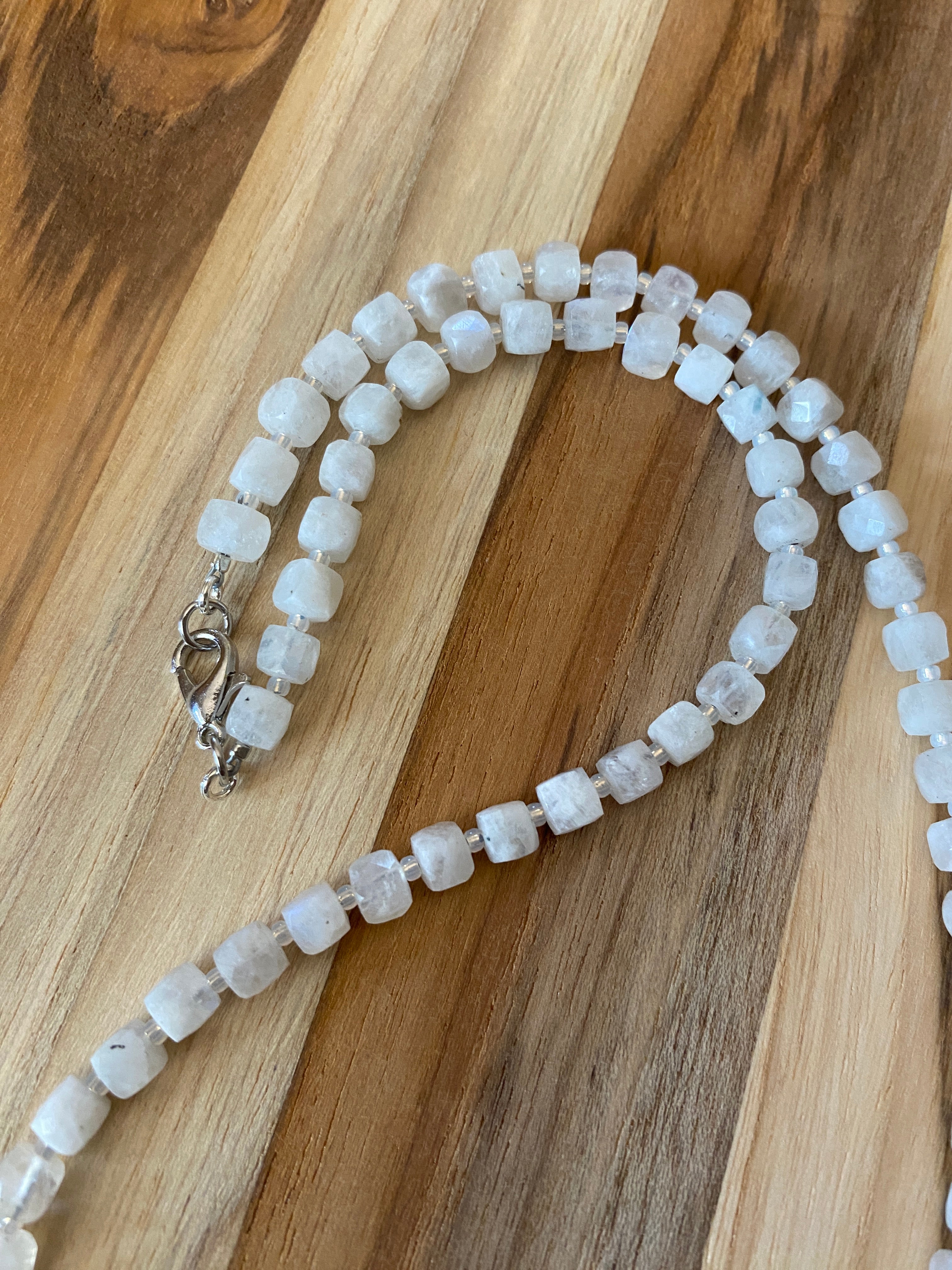 Dainty Simplistic Rainbow Moonstone Faceted Cube Beaded Necklace