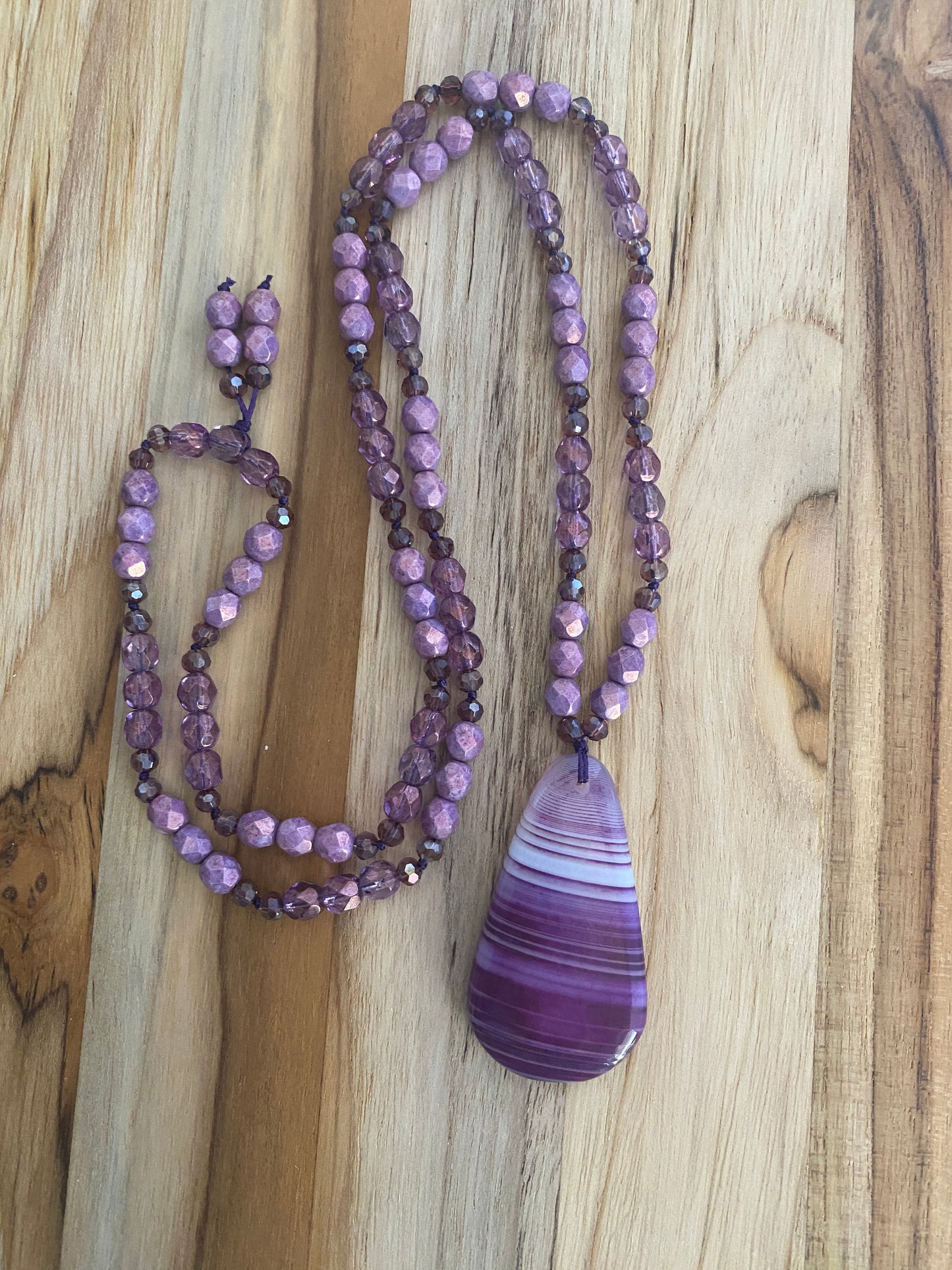 28" Long Purple Stripes Agate Beaded Necklace with Czech Glass & Crystal Beads