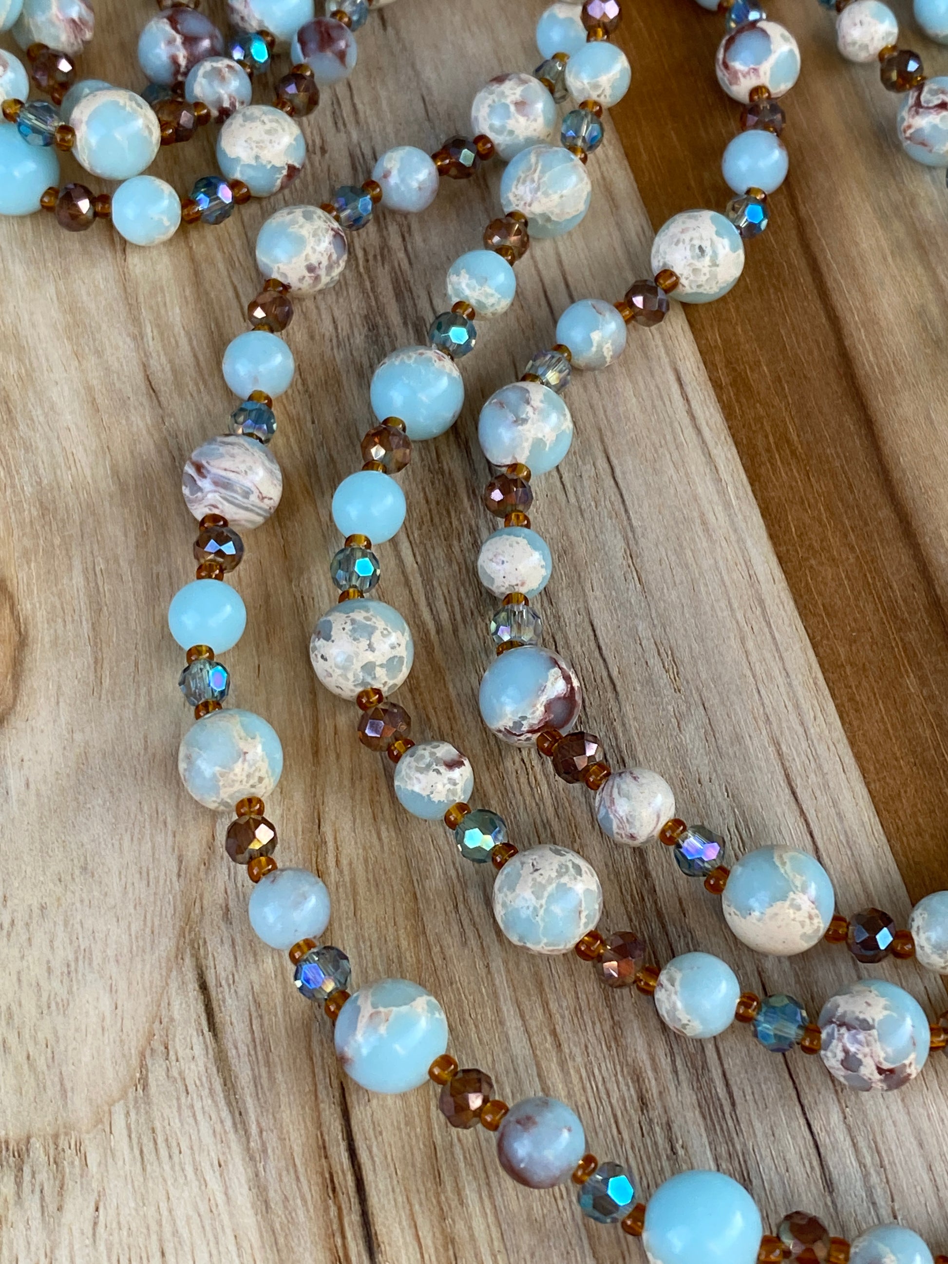 60" Extra Long Light Blue Shoushan Stone Beaded Wraparound Necklace with Crystal Beads - My Urban Gems
