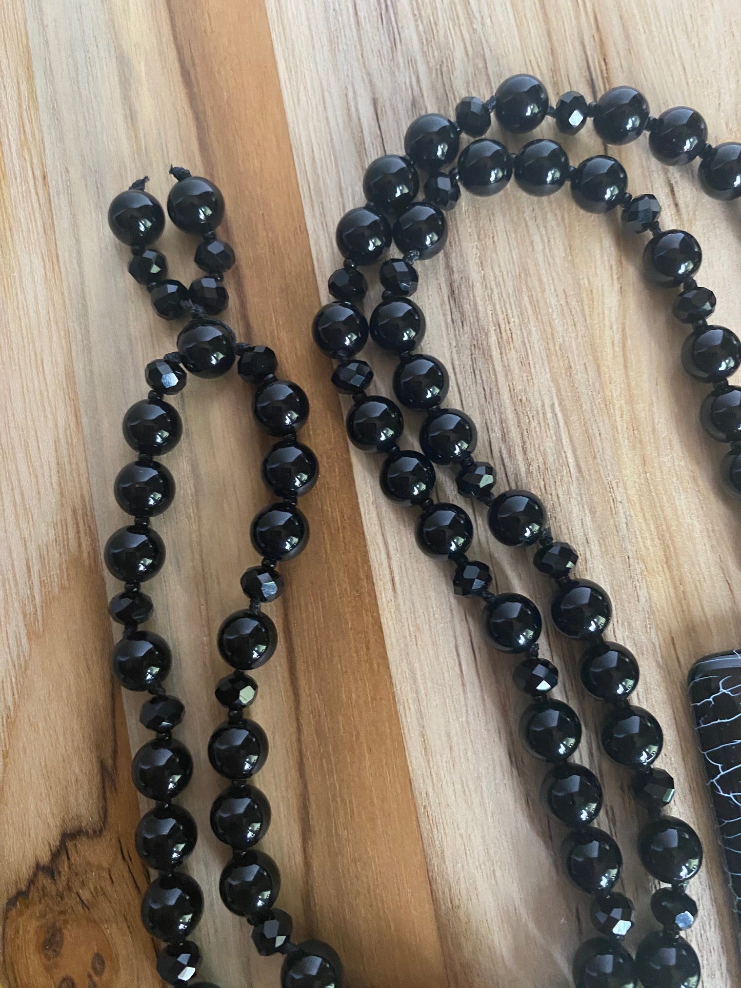 30" Long Hand knotted Black Agate Pendant Necklace with Onyx Beads