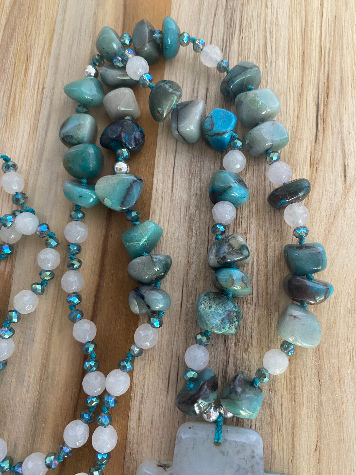 28" Long Light Grey Agate Cross Beaded Necklace with Tumbled Amazonite, Agate & Crystal Beads - My Urban Gems